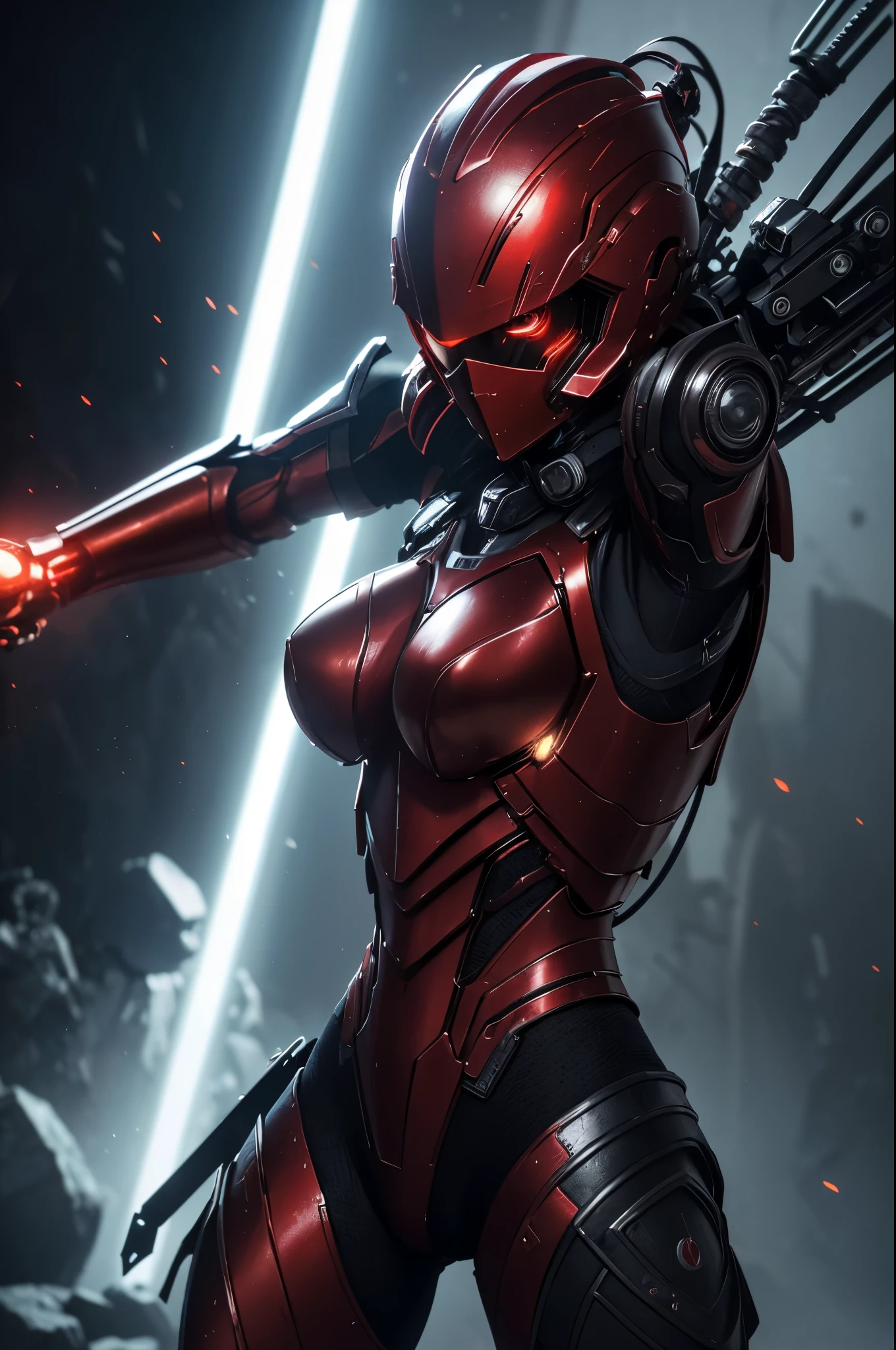 8K,3D,(special effects),Space Detective,red and black combat suit for women,2Two mono-eyes shine,fighting pose,wasteland,action scene,action pose,masterpiece,Photorealistic RAW photos of the highest quality。bright colors,rich colors, Backlight, cinematic lighting, film grain, 50mm lens, Nikon D850,beautiful expression,fantasy art,character art,ultra high resolution,Metal luster,countless LEDs(Mr.々Colorful glowing effect),metallic red and silver combat suit,Precise female external skeleton,prepare yourself,look at the viewer,aggressive posture,Purge the Painter Skeleton,