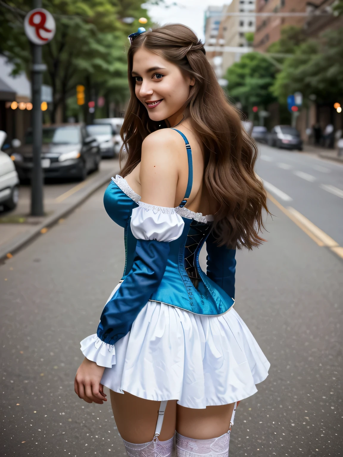 20 years, 5.The 77ft tall model wears a tiny blue corset with ample cleavage paired with intricate white stockings and red lace garters on her beautiful legs., posing from the waist up with a mischievous touch on her face, smiling, Bright gray eyes, her long hair flows down, hyper detailed, shot from a full-length rear view, which highlights the radiant and vibrant composition, digital photography, Canon R5 85mm f8 lens, photorealistic, Vibrant and ultra-detailed colors. in the background the current city street and avenue are out of focus,
