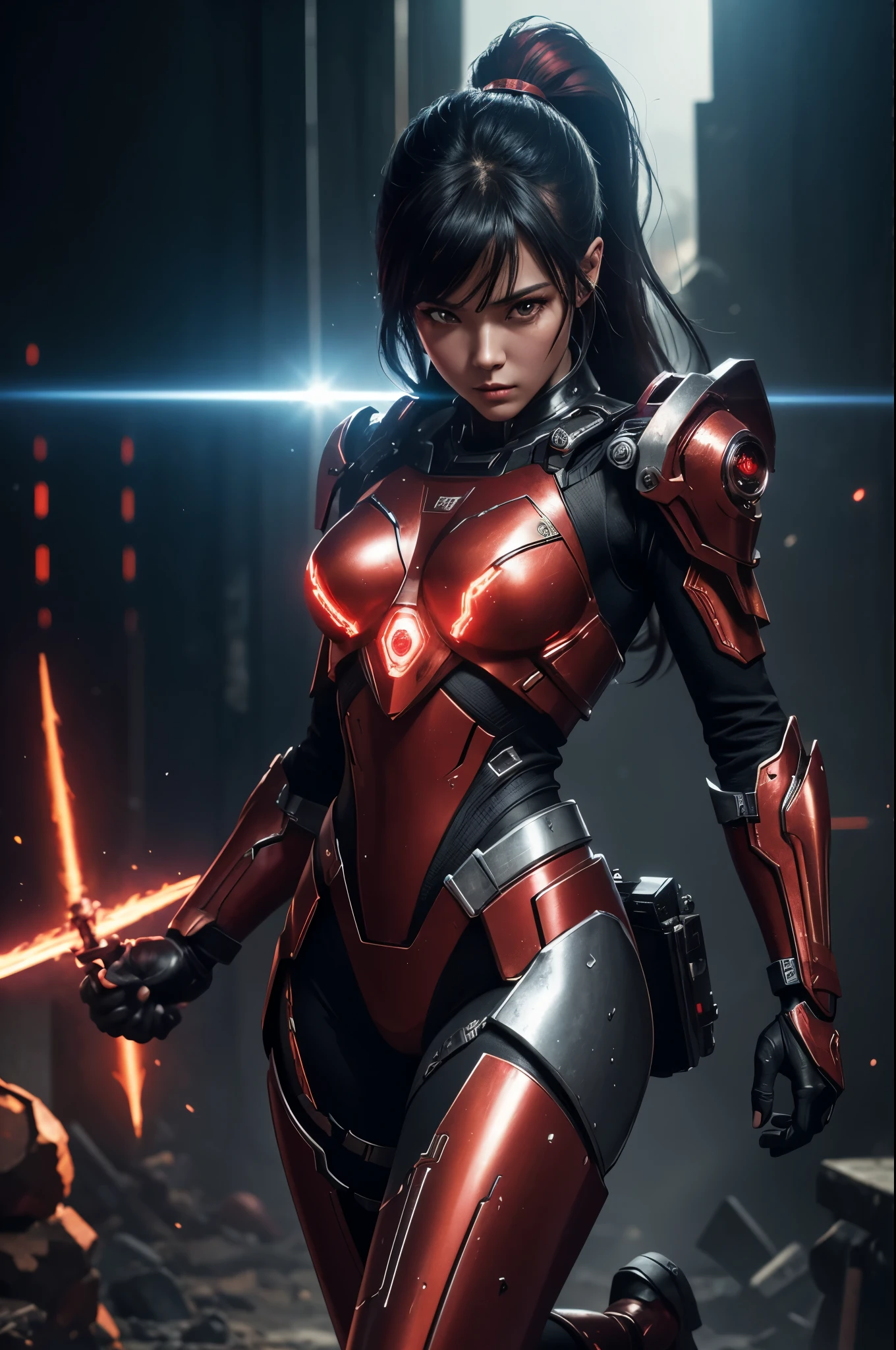 8K,3D,(special effects),Space Detective,red and black combat suit for women,２Two mono-eyes shine,fighting pose,wasteland,action scene,action pose,masterpiece,Photorealistic RAW photos of the highest quality。bright colors,rich colors, Backlight, cinematic lighting, film grain, 50mm lens, Nikon D850,beautiful expression,fantasy art,character art,ultra high resolution,Metal luster,countless LEDs(Mr.々Colorful glowing effect),metallic red and silver combat suit,Precise female external skeleton,prepare yourself,look at the viewer,aggressive posture,Purge the Painter Skeleton,