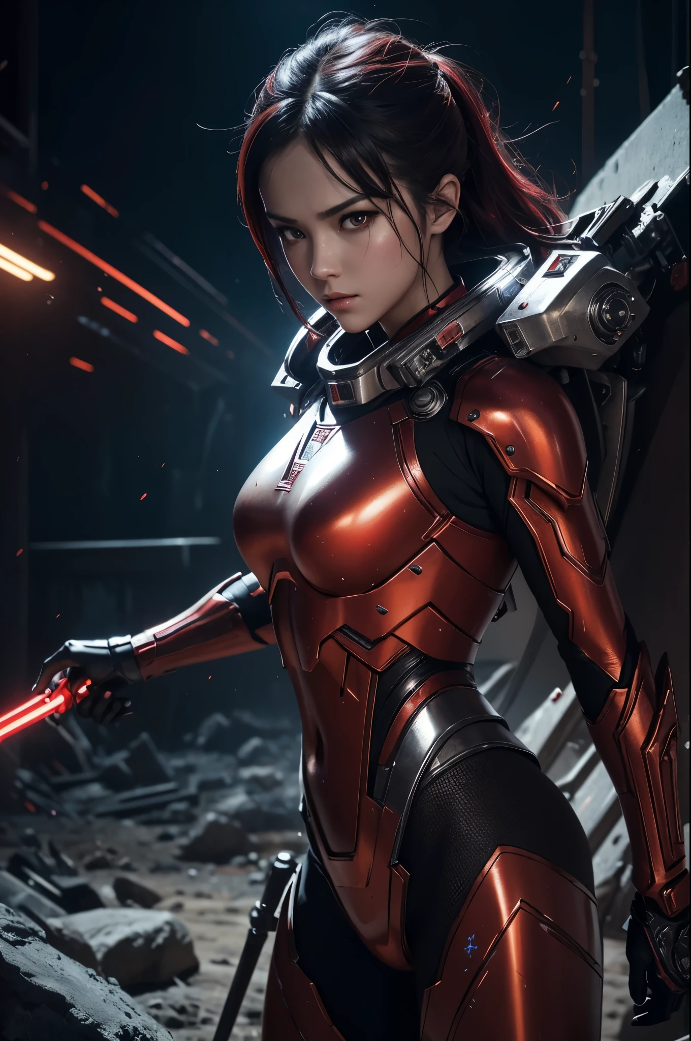 8K,3D,(special effects),Space Detective,red and black combat suit for women,２Two mono-eyes shine,fighting pose,wasteland,action scene,action pose,masterpiece,Photorealistic RAW photos of the highest quality。bright colors,rich colors, Backlight, cinematic lighting, film grain, 50mm lens, Nikon D850,beautiful expression,fantasy art,character art,ultra high resolution,Metal luster,countless LEDs(Mr.々Colorful glowing effect),metallic red and silver combat suit,Precise female external skeleton,prepare yourself,look at the viewer,aggressive posture,Purge the Painter Skeleton,