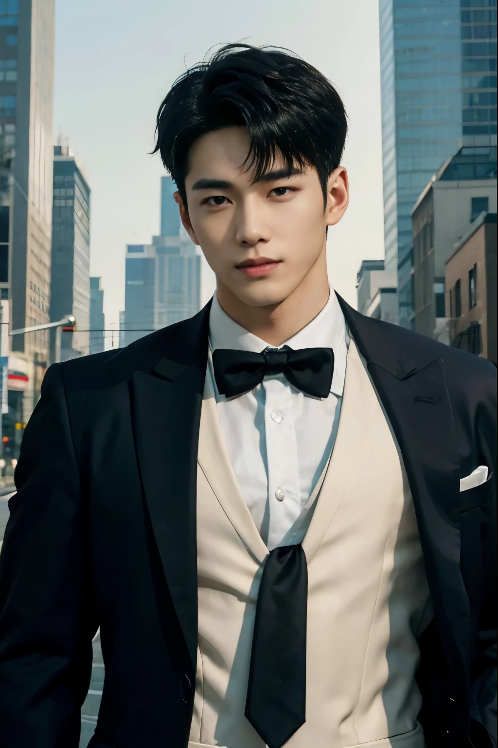 HOMEM COREANO,  PEITO MUSCULAR, bulge ,  athletic physique, smirking, muscular man, muscular body in suit, slender, no body hair, wearing navy suit and tie, using smart phone, in a downtown street with skyscrapers background,