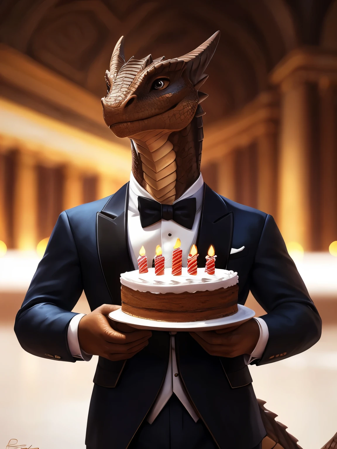 (by pixelsketcher:0.6), (by personalami :0.6), solo,male, dragon,scale, lizard ,detailed background, (cinematic lighting:1.1), (perfect focus:1.1), 8k hd, photo, (detailed eyes:1.2),depth of field, bokeh, subsurface scattering, wide ,(suit, tuxedo, elegant suit,holding a cake, birthday cake),full body, bright colors, (furry detail),((simple background, white background, single color background))photorealistic, ultra realistic,realistic, photorealistic,smile,(scale),(realistic scales:1.1),(tail), (extreme scale),solo,((Brown scales,Brown skin)), Brown eyes, beautiful brown eyes, detailed eyes,