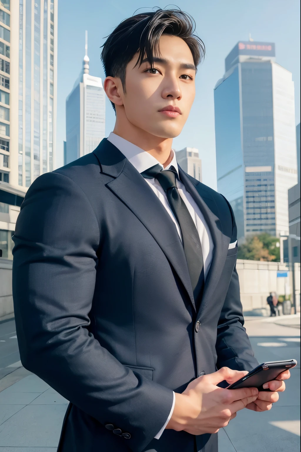 HOMEM COREANO, PEITO MUSCULAR, bulge , athletic physique, smirking, swelling muscular man, no body hair, wearing suit , Realistic, fully suit, nude, perfect , male , business man, using Samsung smart phone, in a downtown street with skyscrapers background,