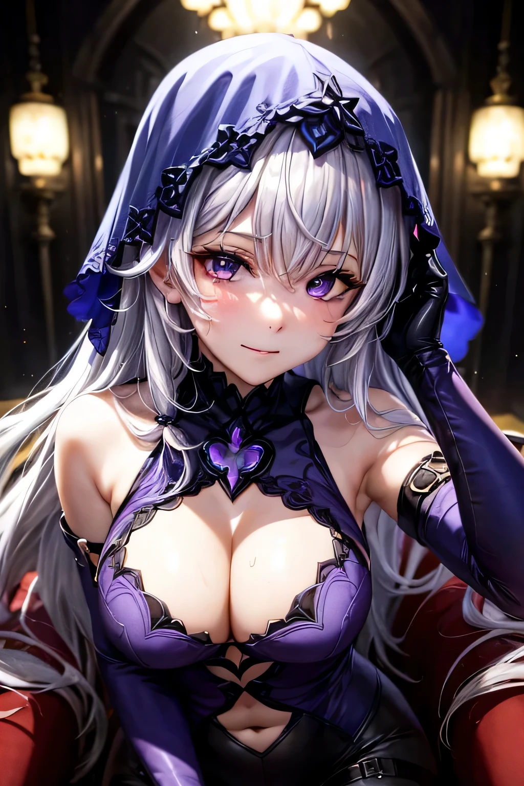 (masterpiece), best quality, (expressive eyes,detailed eyes1:1), perfect face,armpit pose,(silver hair),smirk,black swan, hair between eyes, long hair, (purple eyes:1.1), very long hair, white hair,sit at throne,(glowing eyes in the dark),ahegao face,
arm belt, bare shoulders, cleavage, covered navel, dress, elbow gloves, gloves, purple dress, sleeveless, sleeveless dress, veil,