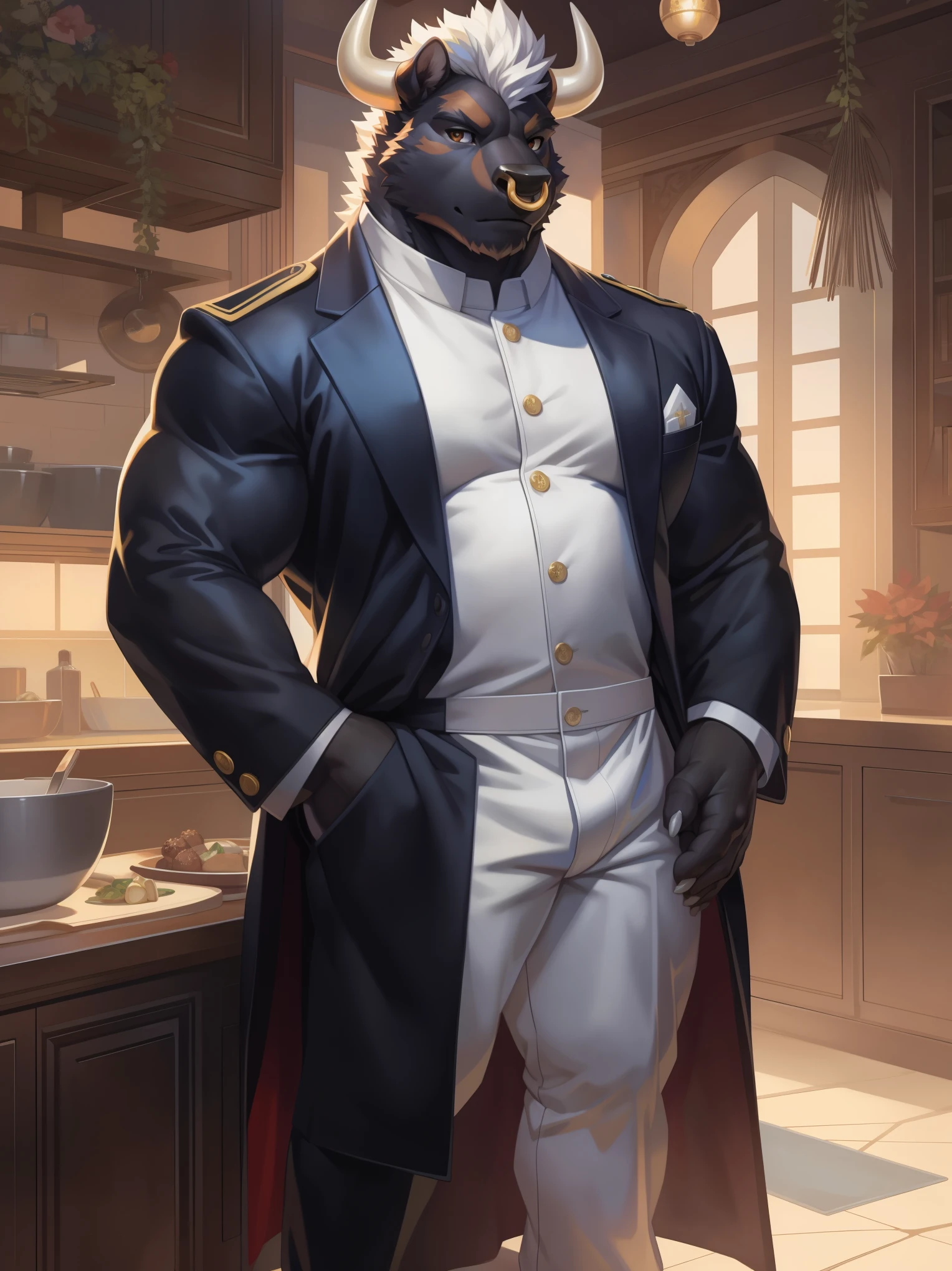solo,anthro,furry,furry male, ((Bull)), ((fluffy fur,fluffy,furry body)), (Black fur, Bull), (black body), brown eyes, Nose Ring, tails, detailed fluffy fur, chef cooat, detailed face, detailed eyes, short hair, white mohawk, white decorative chef coat, uniform, gold trimmings, white pants, gold ring, coat, white shirt, gold buttons, coat on shoulders, full body, claws, fantasy grand hall, Kitchen, (by null-ghost,by raccoon21, masterpiece, high quality,hi-res,8k had), standing,close-view portrait, looking at viewer, indoor, (statues), lights, serious expression, dark shadows, banners, powerful pose, pans, carpet, flag,