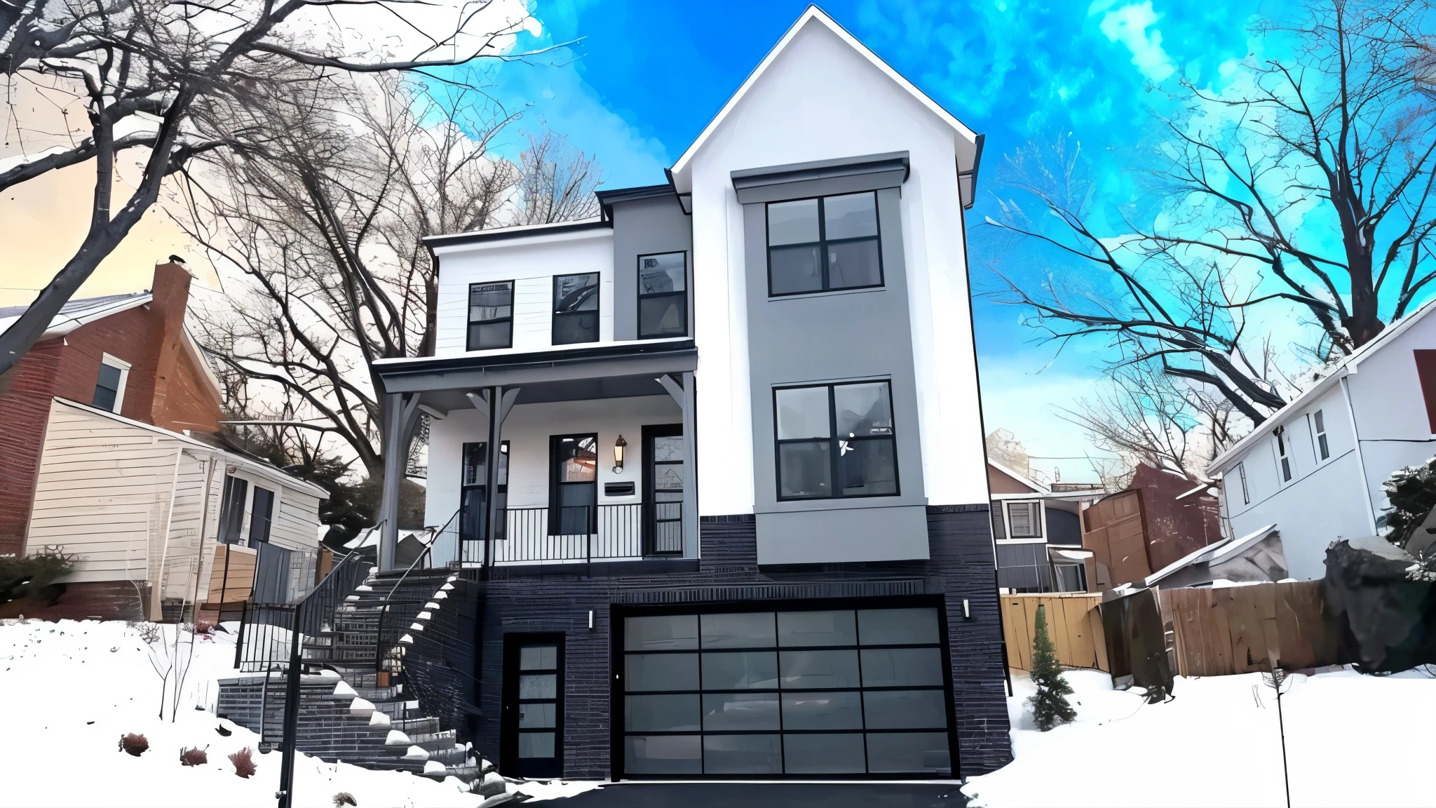 there is a house with a garage in the front yard, wide angle exterior 2022, neotraditional modern, 4 0 9 6, arhitectural shot, 2040, exterior wide shot, 2045, 1 4 5 0, 1450, 2029, 2025, 2030, same design, realistic image, 16k resolution