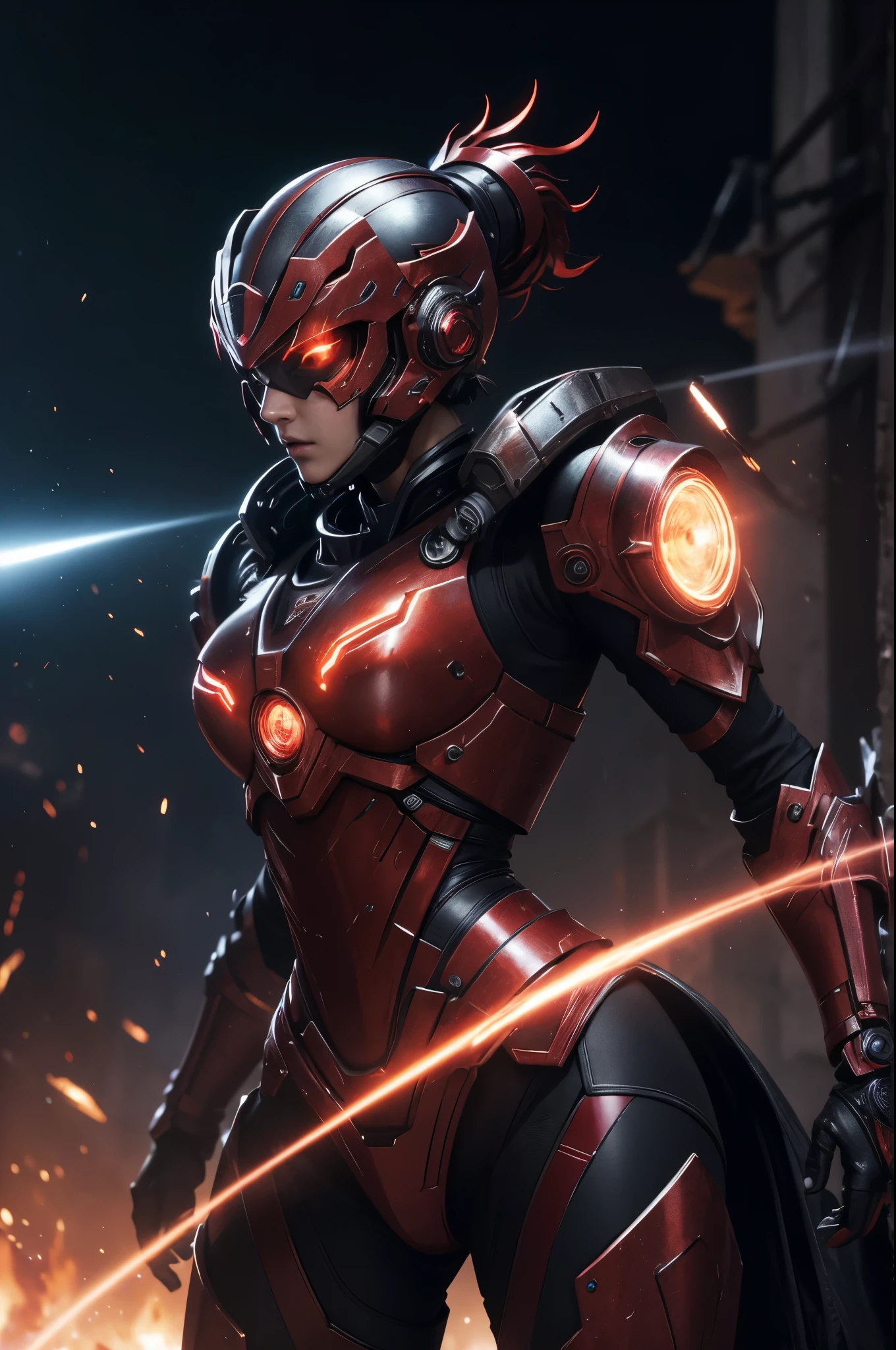 8K,3D,(special effects),Space Detective,red and black combat suit for women,2Two mono-eyes shine,fighting pose,wasteland,action scene,action pose,masterpiece,Photorealistic RAW photos of the highest quality。bright colors,rich colors, Backlight, cinematic lighting, film grain, 50mm lens, Nikon D850,beautiful expression,fantasy art,character art,ultra high resolution,Metal luster,countless LEDs(Mr.々Colorful glowing effect),metallic red and silver combat suit,Precise female external skeleton,prepare yourself,look at the viewer,aggressive posture,purge combat suit,Cast,