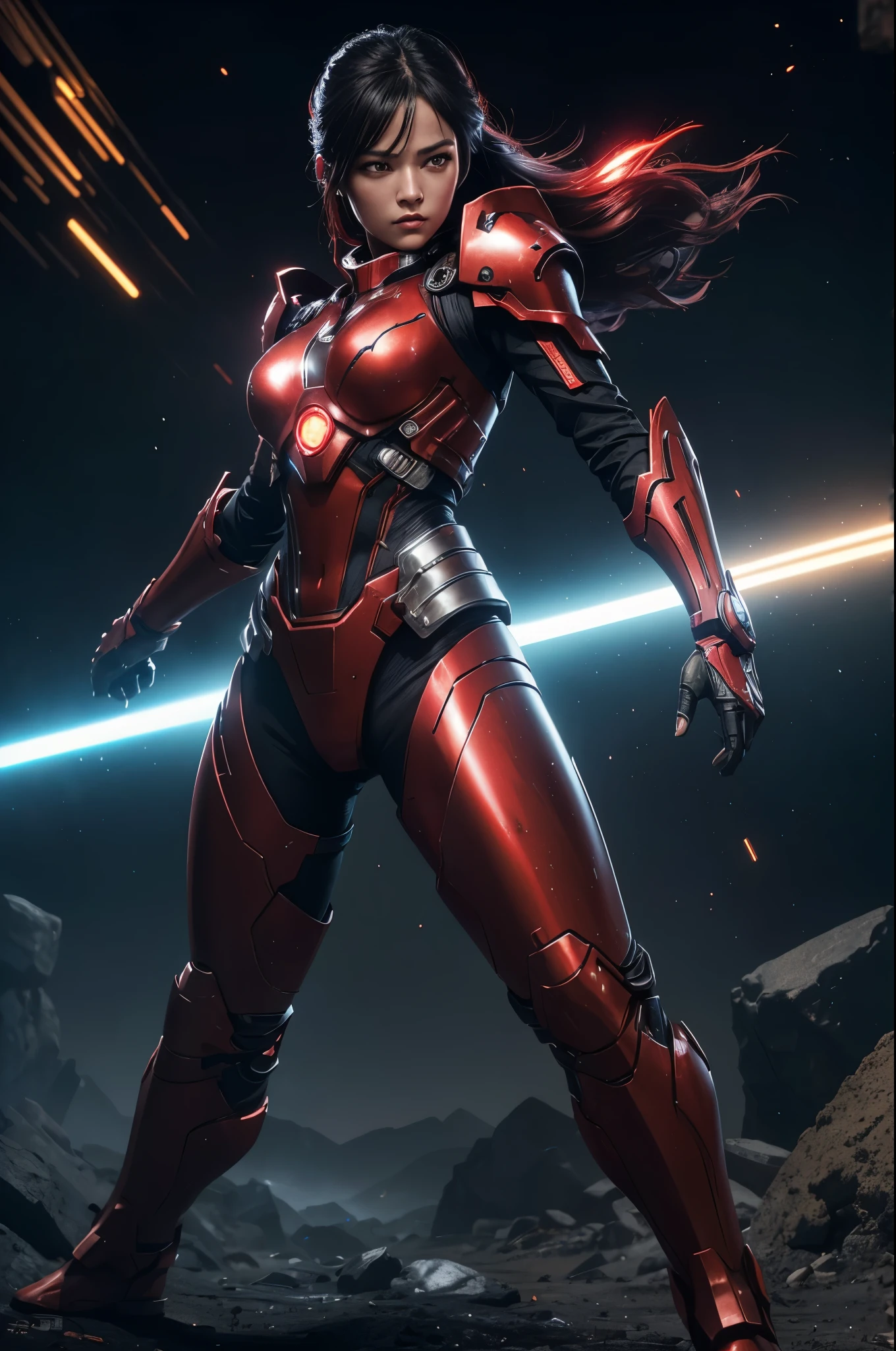 8K,3D,(special effects),Space Detective,red and black combat suit for women,２Two mono-eyes shine,fighting pose,wasteland,action scene,action pose,masterpiece,Photorealistic RAW photos of the highest quality。bright colors,rich colors, Backlight, cinematic lighting, film grain, 50mm lens, Nikon D850,beautiful expression,fantasy art,character art,ultra high resolution,Metal luster,countless LEDs(Mr.々Colorful glowing effect),metallic red and silver combat suit,Precise female external skeleton,prepare yourself,look at the viewer,aggressive posture,purge combat suit,Cast,