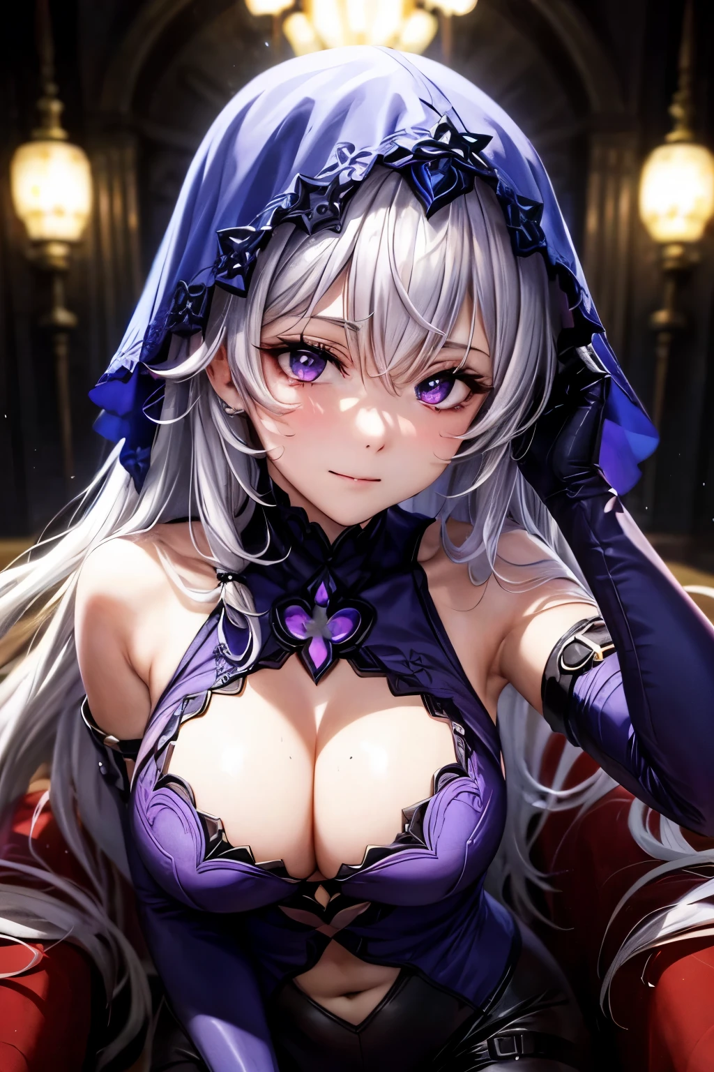 (masterpiece), best quality, (expressive eyes,detailed eyes1:1), perfect face,armpit pose,(silver hair),smirk,black swan, hair between eyes, long hair, (purple eyes:1.1), very long hair, white hair,sit at throne,(glowing eyes in the dark),ahegao face,
arm belt, bare shoulders, cleavage, covered navel, dress, elbow gloves, gloves, purple dress, sleeveless, sleeveless dress, veil,