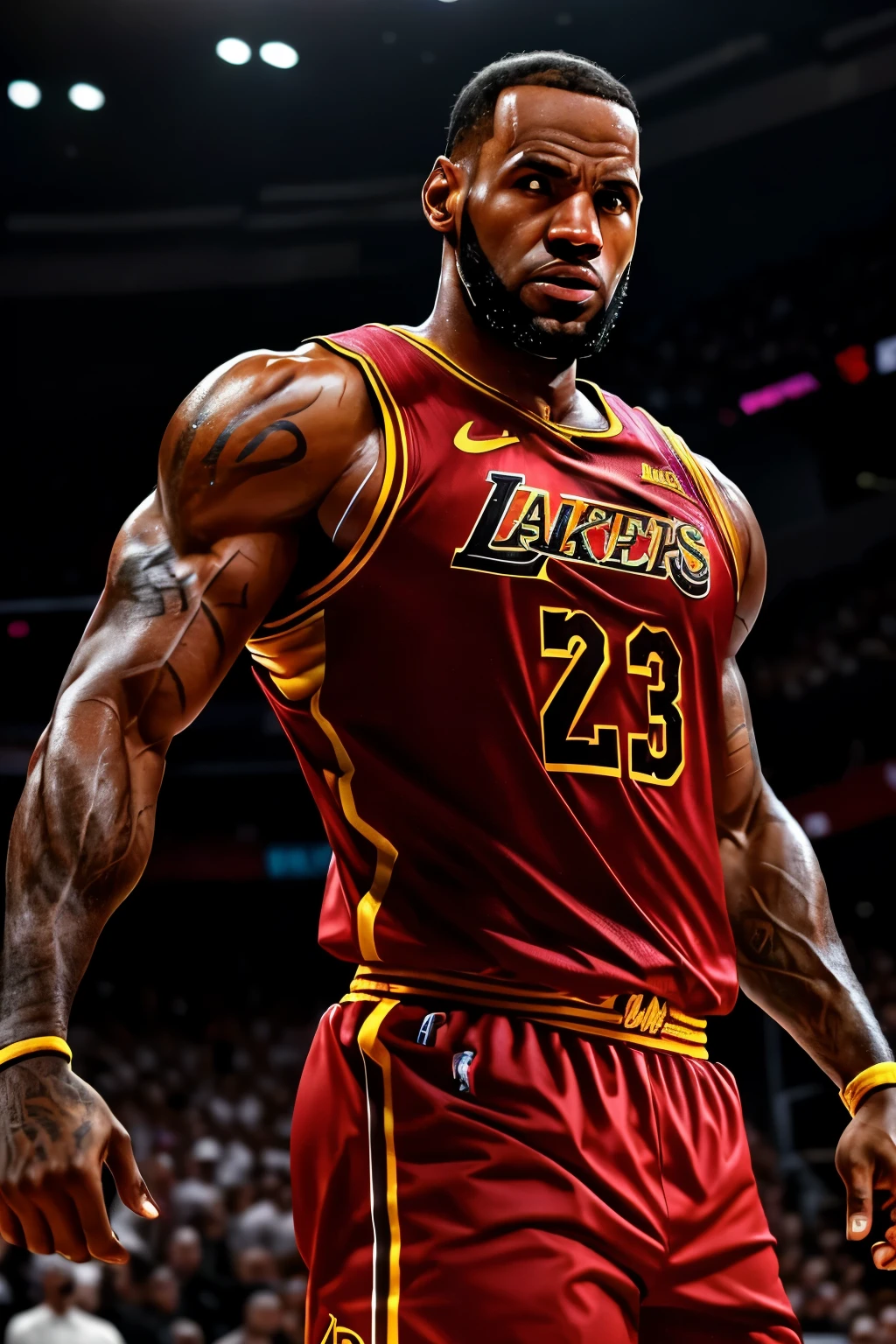 A realistic portrait of Lebron James showcasing his massive, bulging biceps in a tight, sleek leather jacket. The image is rendered in high definition, featuring intricate details and lifelike textures. The background is neutral, allowing the focus to remain on Lebron's powerful physique. The lighting is dramatic, casting deep shadows and highlighting every muscle definition. The colors are rich and vibrant, adding to the overall sense of energy and intensity. This image is cinematic and dynamic, capturing the strength and confidence of Lebron James in a two-dimensional, yet highly detailed and hyper-realistic way. (8k, HDR)