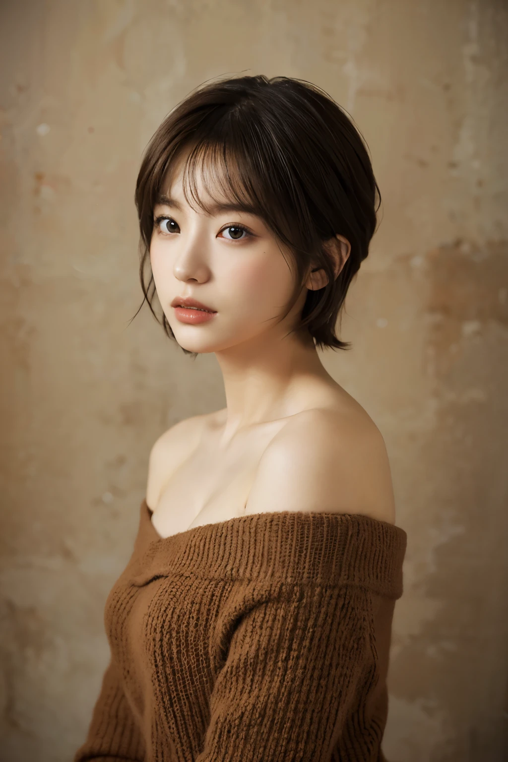 best quality, masterpiece, ultra high resolution, (lifelike:1.4), original photo, 1 girl, Off the shoulders, short hair 