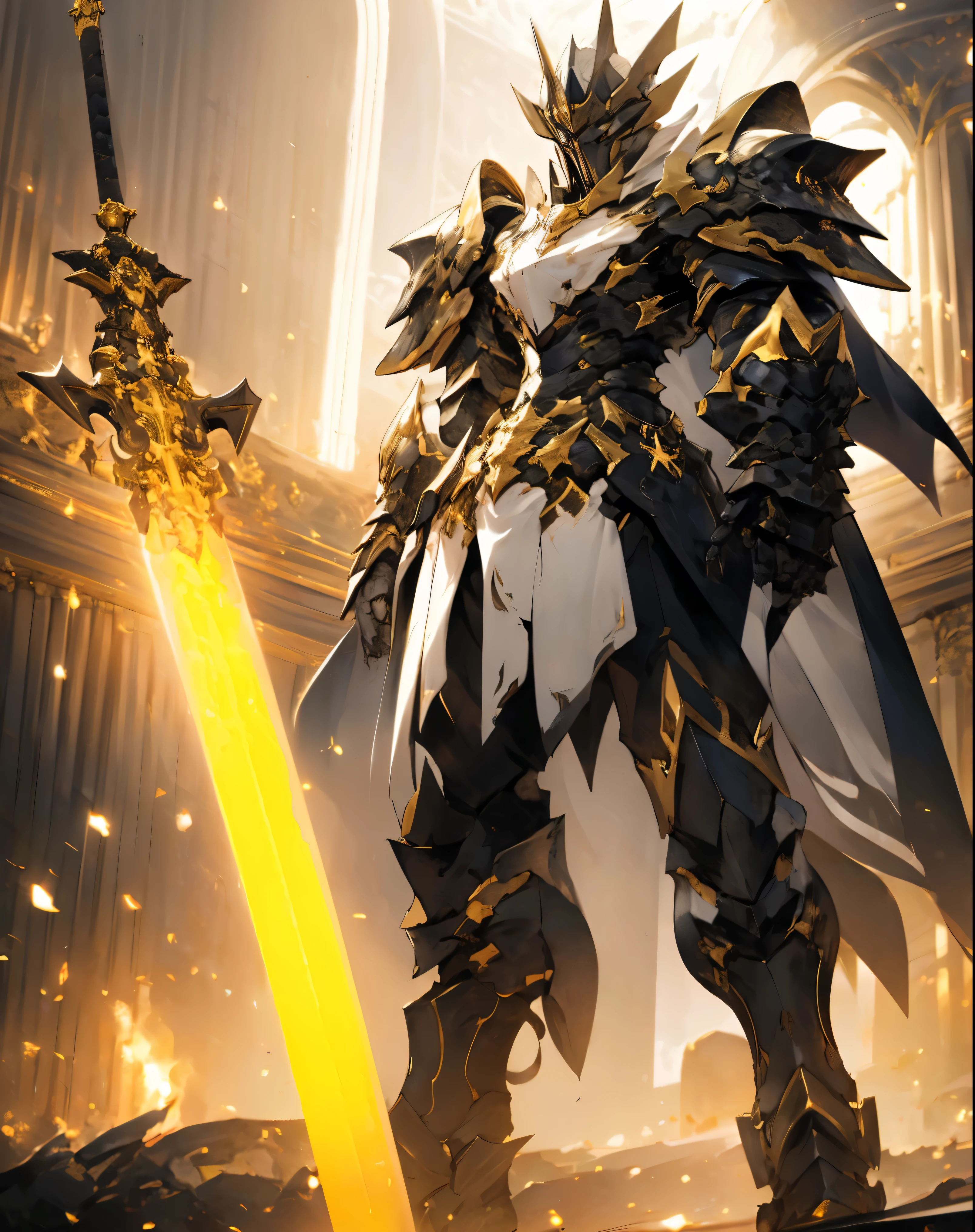 anime character with sword standing in front of a building, fallen knight, from arknights, gothic knight, evil knight, the style of wlop, fantasy knight, knight, royal emperor, dark souls knight, off-white plated armor, wearing heavy armor with cape, black heavy armor with gold trim, smooth anime cg art, artorias, glowing sword