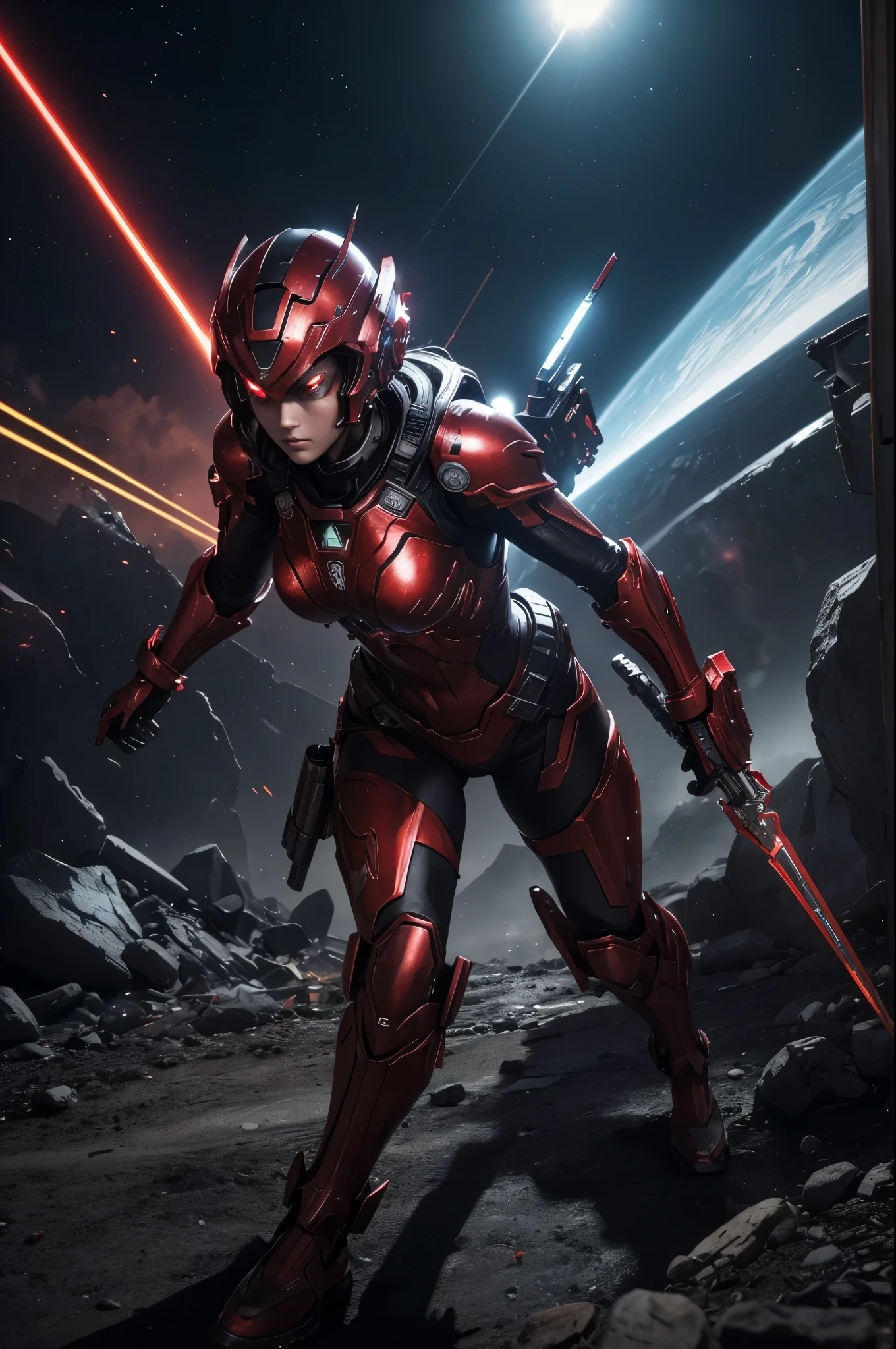 8K,3D,(special effects),Space Detective,red and black combat suit for women,２Two mono-eyes shine,fighting pose,wasteland,action scene,action pose,masterpiece,Photorealistic RAW photos of the highest quality。bright colors,rich colors, Backlight, cinematic lighting, film grain, 50mm lens, Nikon D850,beautiful expression,fantasy art,character art,ultra high resolution,Metal luster,countless LEDs(Mr.々Colorful glowing effect),metallic red and silver combat suit,Precise female external skeleton,prepare yourself,look at the viewer,aggressive posture,purge combat suit,Cast,