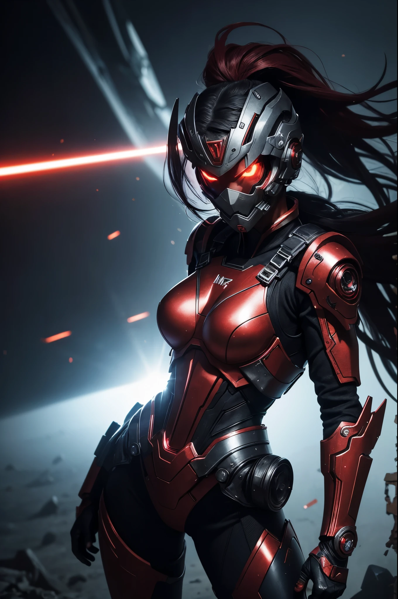 8K,3D,(special effects),Space Detective,red and black combat suit for women,２Two mono-eyes shine,fighting pose,wasteland,action scene,action pose,masterpiece,Photorealistic RAW photos of the highest quality。bright colors,rich colors, Backlight, cinematic lighting, film grain, 50mm lens, Nikon D850,beautiful expression,fantasy art,character art,ultra high resolution,Metal luster,countless LEDs(Mr.々Colorful glowing effect),metallic red and silver combat suit,Precise female external skeleton,prepare yourself,look at the viewer,aggressive posture,sunny,laser blade,