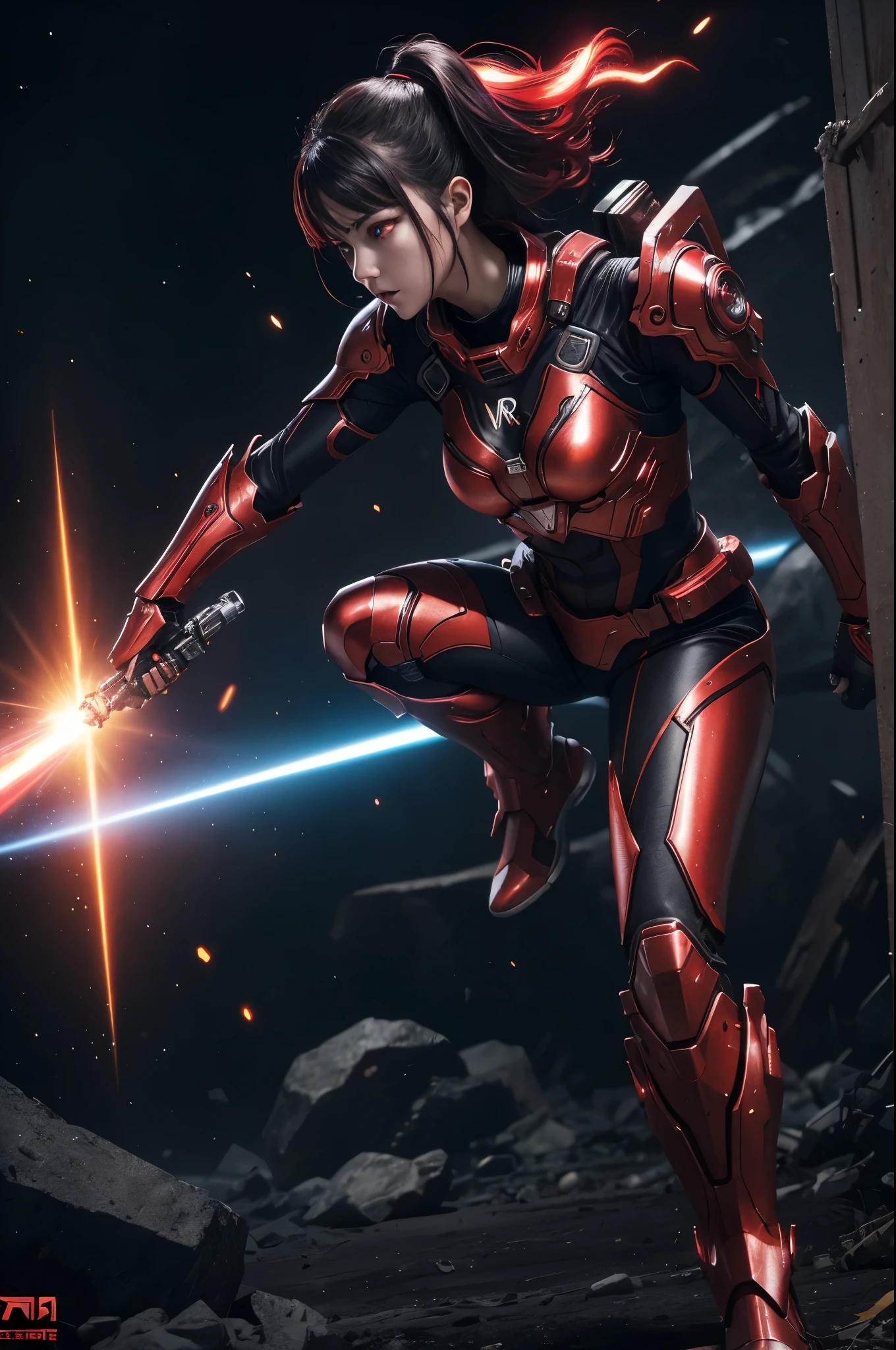 8K,3D,(special effects),Space Detective,red and black combat suit for women,2Two mono-eyes shine,fighting pose,wasteland,action scene,action pose,masterpiece,Photorealistic RAW photos of the highest quality。bright colors,rich colors, Backlight, cinematic lighting, film grain, 50mm lens, Nikon D850,beautiful expression,fantasy art,character art,ultra high resolution,Metal luster,countless LEDs(Mr.々Colorful glowing effect),metallic red and silver combat suit,Precise female external skeleton,prepare yourself,look at the viewer,aggressive posture,sunny,laser blade,