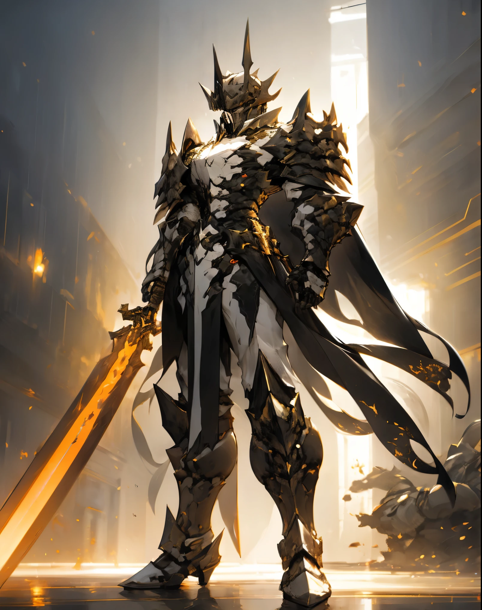 anime character with sword standing in front of a building, fallen knight, from arknights, gothic knight, evil knight, the style of wlop, fantasy knight, knight, royal emperor, dark souls knight, off-white plated armor, wearing heavy armor with cape, black heavy armor with gold trim, smooth anime cg art, artorias, glowing sword