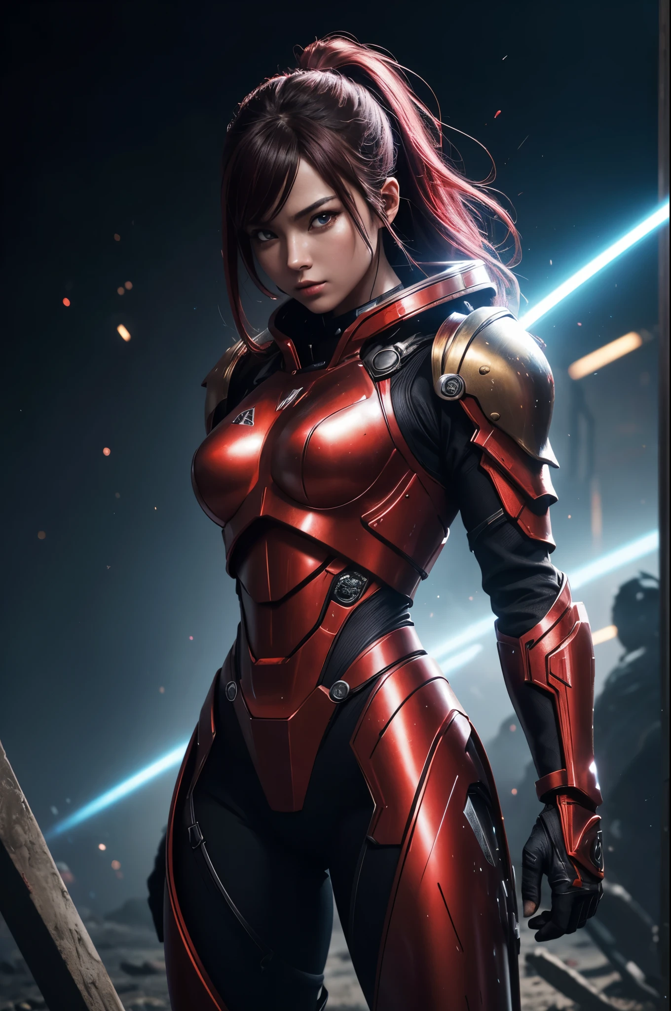 8K,3D,(special effects),Space Detective,red and black combat suit for women,２Two mono-eyes shine,fighting pose,wasteland,action scene,action pose,masterpiece,Photorealistic RAW photos of the highest quality。bright colors,rich colors, Backlight, cinematic lighting, film grain, 50mm lens, Nikon D850,beautiful expression,fantasy art,character art,ultra high resolution,Metal luster,countless LEDs(Mr.々Colorful glowing effect),metallic red and silver combat suit,Precise female external skeleton,prepare yourself,look at the viewer,aggressive posture,purge combat suit,Cast,
