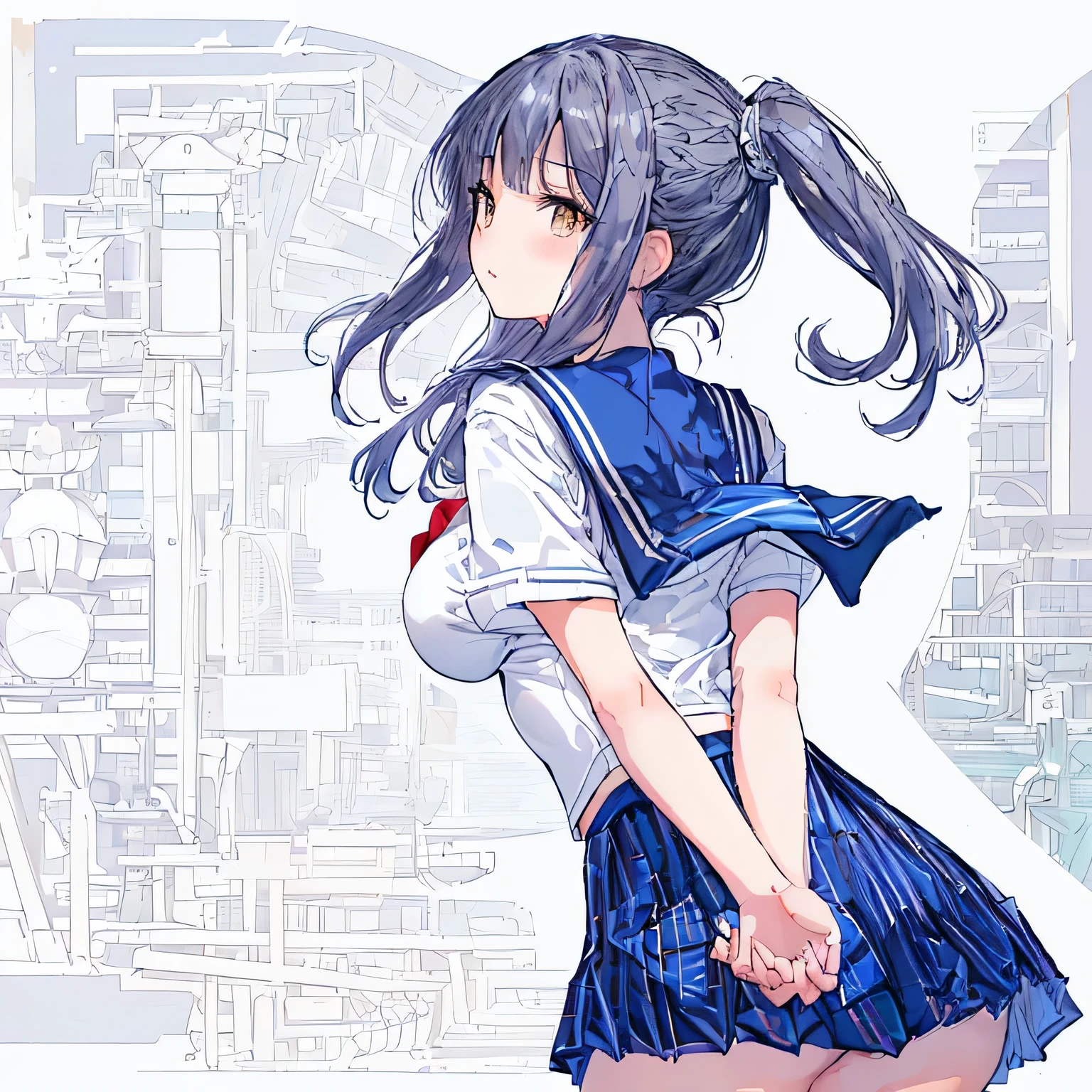 white background,masterpiece, highest quality,figure,sailor suit,slanted eyes,straight hair,silver hair,side part,super dense skin,beautiful and fine eyes,short sleeve shirt,brown eyes,(big breasts:1.1), (A raised and well-defined bust:1.1), (lifted chest:1.2), (perky chest :1.1),high school girl,please sit down,high socks,loafers