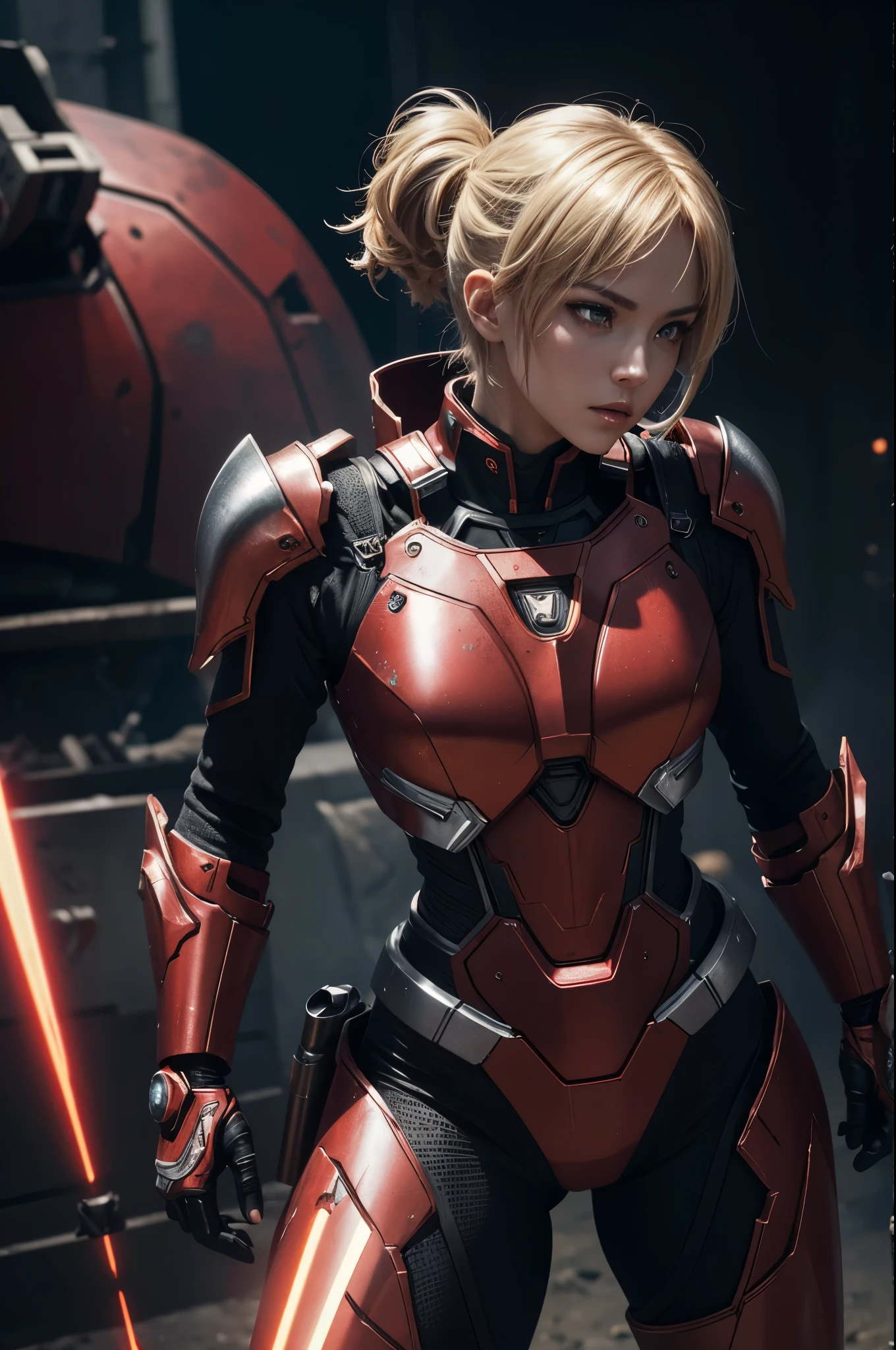 8K,3D,(special effects),Space Detective,red and black combat suit for women,２Two mono-eyes shine,fighting pose,wasteland,action scene,action pose,masterpiece,Photorealistic RAW photos of the highest quality。bright colors,rich colors, Backlight, cinematic lighting, film grain, 50mm lens, Nikon D850,beautiful expression,fantasy art,character art,ultra high resolution,Metal luster,countless LEDs(Mr.々Colorful glowing effect),metallic red and silver combat suit,Precise female external skeleton,身take a stand,look at the viewer,aggressive posture,sunny,blonde short bob hair,Super beautiful(like the real thing),take a stand,