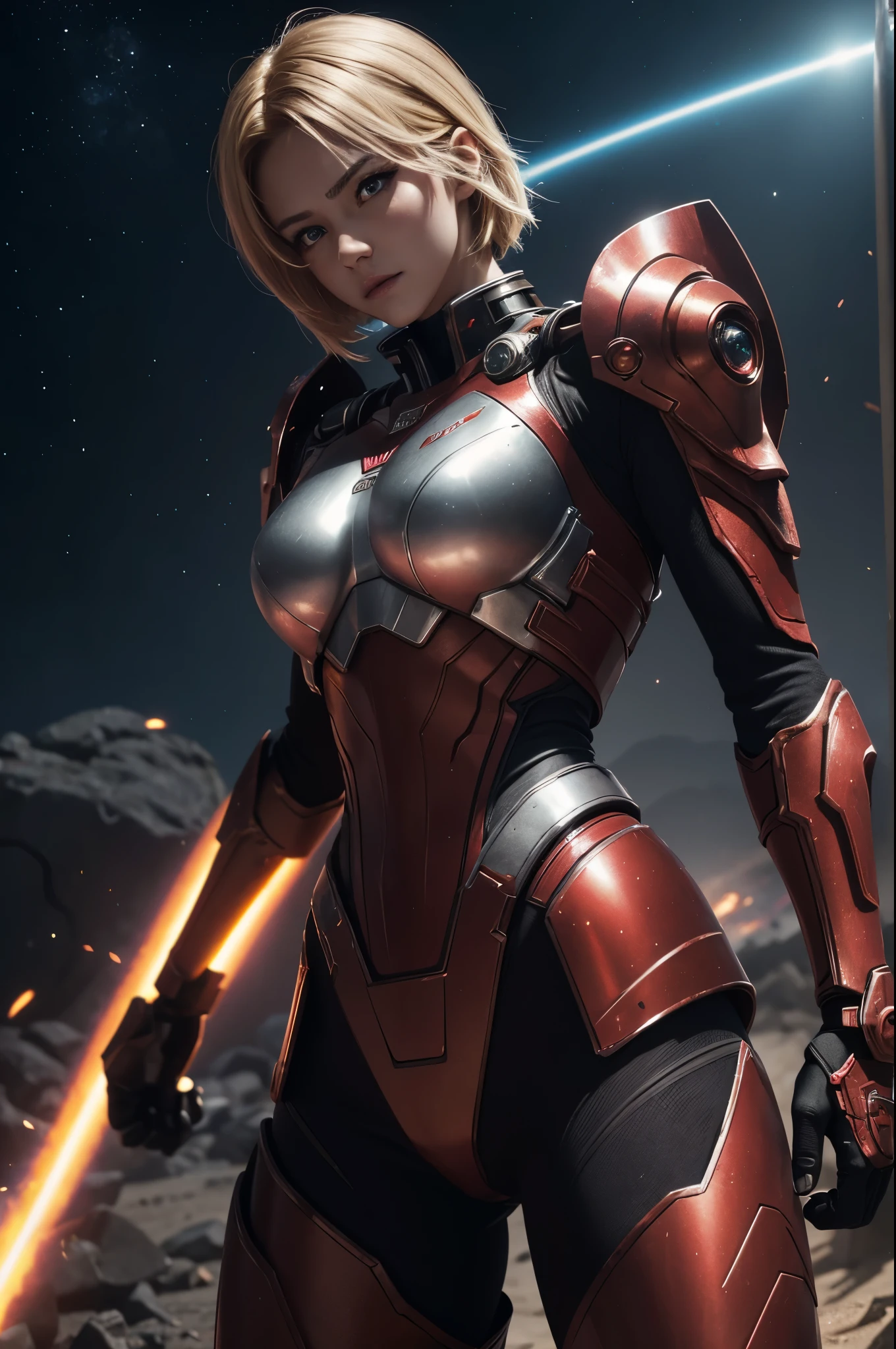 8K,3D,(special effects),Space Detective,red and black combat suit for women,2Two mono-eyes shine,fighting pose,wasteland,action scene,action pose,masterpiece,Photorealistic RAW photos of the highest quality。bright colors,rich colors, Backlight, cinematic lighting, film grain, 50mm lens, Nikon D850,beautiful expression,fantasy art,character art,ultra high resolution,Metal luster,countless LEDs(Mr.々Colorful glowing effect),metallic red and silver combat suit,Precise female external skeleton,身take a stand,look at the viewer,aggressive posture,sunny,blonde short bob hair,Super beautiful(like the real thing),take a stand,