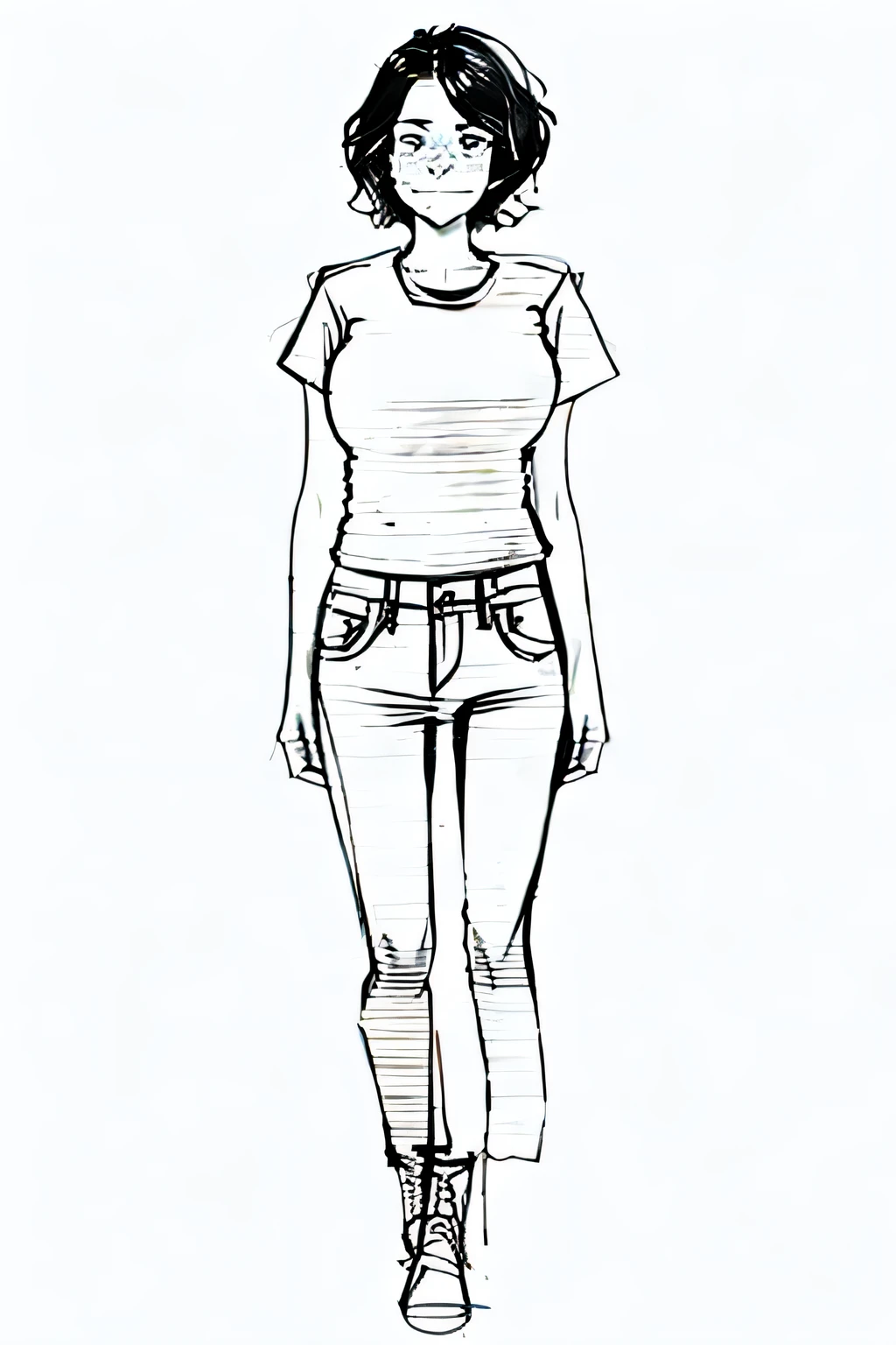 retrato,((bosquejo)), monocromo, escala de grises,((rubor)),1 chica,((tiro de vaquero)), ((boca cerrada)), cabello corto, camiseta blanca, Shorts de jean, pechos grandes , mirando al espectador, de pie, ((cuerpo completo)), ((Fondo simple)),Fondo blanco,