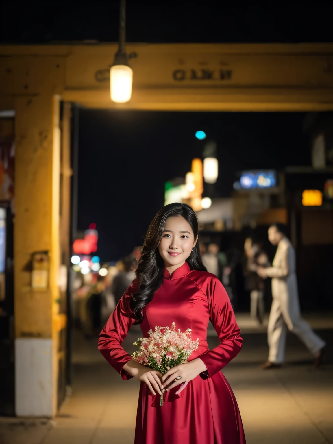 1girl, aodai red, photo art, (flower:1.2),a stunning photo with beautiful saturation, ultra high res,(realistic:1.4)),deep shadow,(best quality, masterpiece), pale skin, dimly lit, shade, flustered, blush, highly detailed, skinny, BREAK depth of field, film grain, wrinkled skin, looking at viewer, knee, warm smile, (full body:1.2), masterpiece,ultra realistic,32k,extremely detailed CG unity 8k wallpaper, best quality