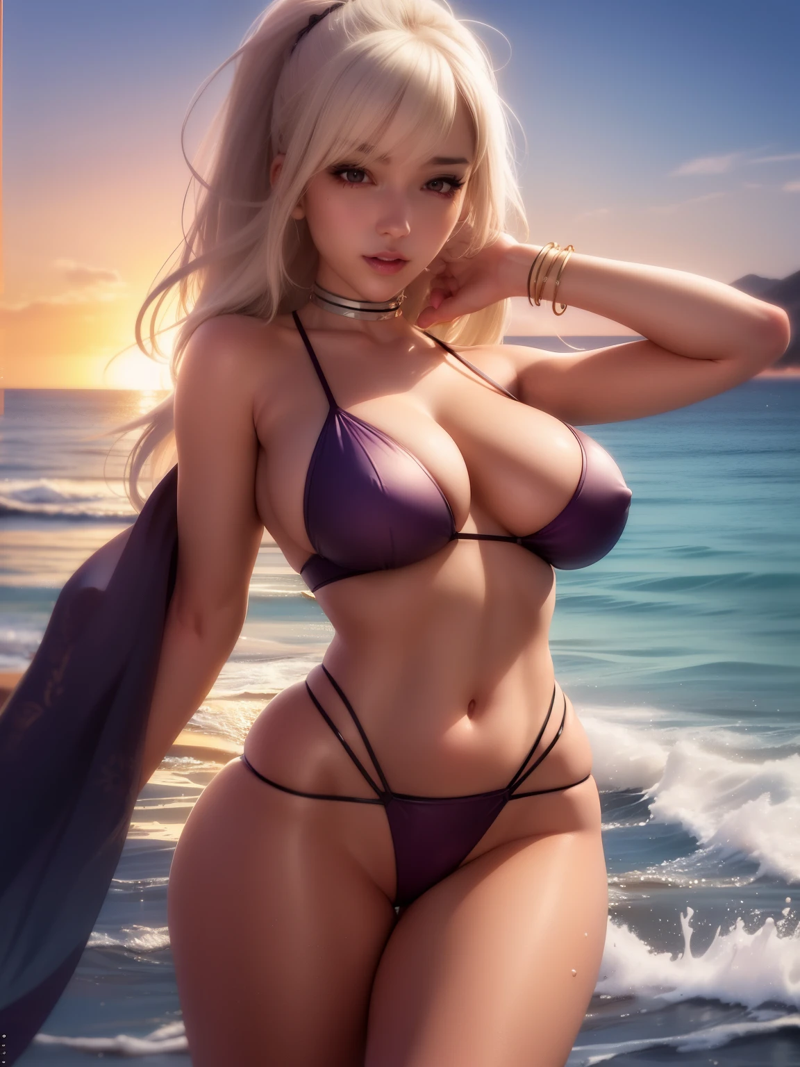a close up of a woman in a bikini posing on a beach, seductive anime girl, beautiful alluring anime woman, perfect white haired girl, realistic bikini, extremely detailed artgerm, photorealistic anime girl render, ig model | artgerm, beautiful alluring anime , realistic shaded perfect body, blonde goddess, beautiful anime girl, beautiful anime woman