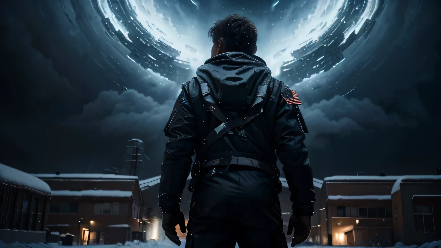 "(meilleure qualité,4k,haute résolution,chef-d&#39;œuvre:1.2)Épique, affiche de film, nuit, Tempête, apocalyptique, glace ,monde détruit,Costume d&#39;astronaute anti-froid détaillé pour homme, voir de loin, perspective arrière, Épique,glace blizzard, snow Tempête"