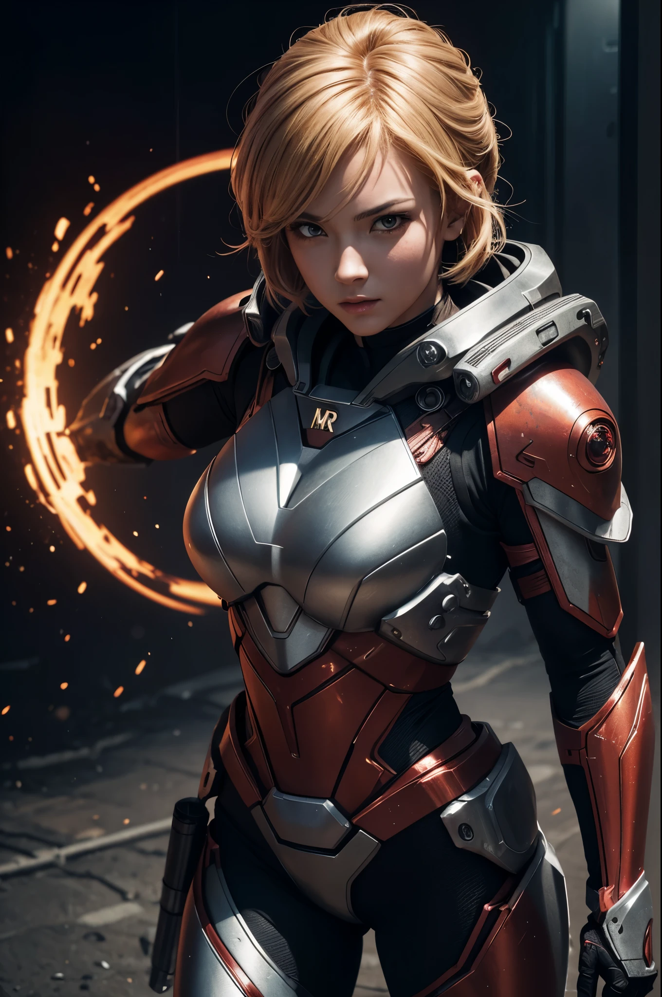 8K,3D,(special effects),Space Detective,red and black combat suit for women,２Two mono-eyes shine,fighting pose,wasteland,action scene,action pose,masterpiece,Photorealistic RAW photos of the highest quality。bright colors,rich colors, Backlight, cinematic lighting, film grain, 50mm lens, Nikon D850,beautiful expression,fantasy art,character art,ultra high resolution,Metal luster,countless LEDs(Mr.々Colorful glowing effect),metallic red and silver combat suit,Precise female external skeleton,身take a stand,look at the viewer,aggressive posture,sunny,blonde short bob hair,Super beautiful(like the real thing),take a stand,big breasts,perspective from above,