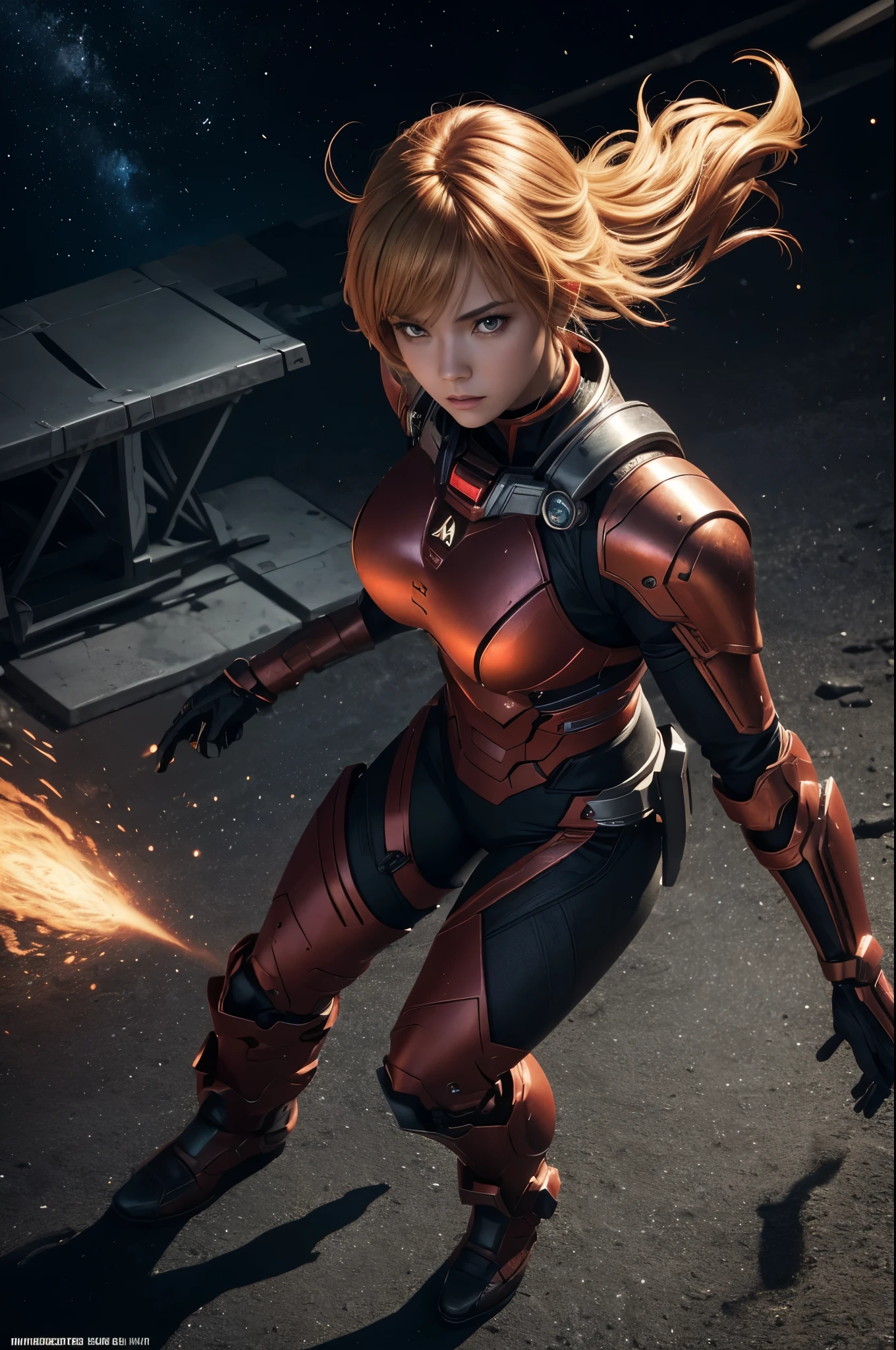 8K,3D,(special effects),Space Detective,red and black combat suit for women,2Two mono-eyes shine,fighting pose,wasteland,action scene,action pose,masterpiece,Photorealistic RAW photos of the highest quality。bright colors,rich colors, Backlight, cinematic lighting, film grain, 50mm lens, Nikon D850,beautiful expression,fantasy art,character art,ultra high resolution,Metal luster,countless LEDs(Mr.々Colorful glowing effect),metallic red and silver combat suit,Precise female external skeleton,身take a stand,look at the viewer,aggressive posture,sunny,blonde short bob hair,Super beautiful(like the real thing),take a stand,big breasts,perspective from above,(Space Detectiveギャバン),