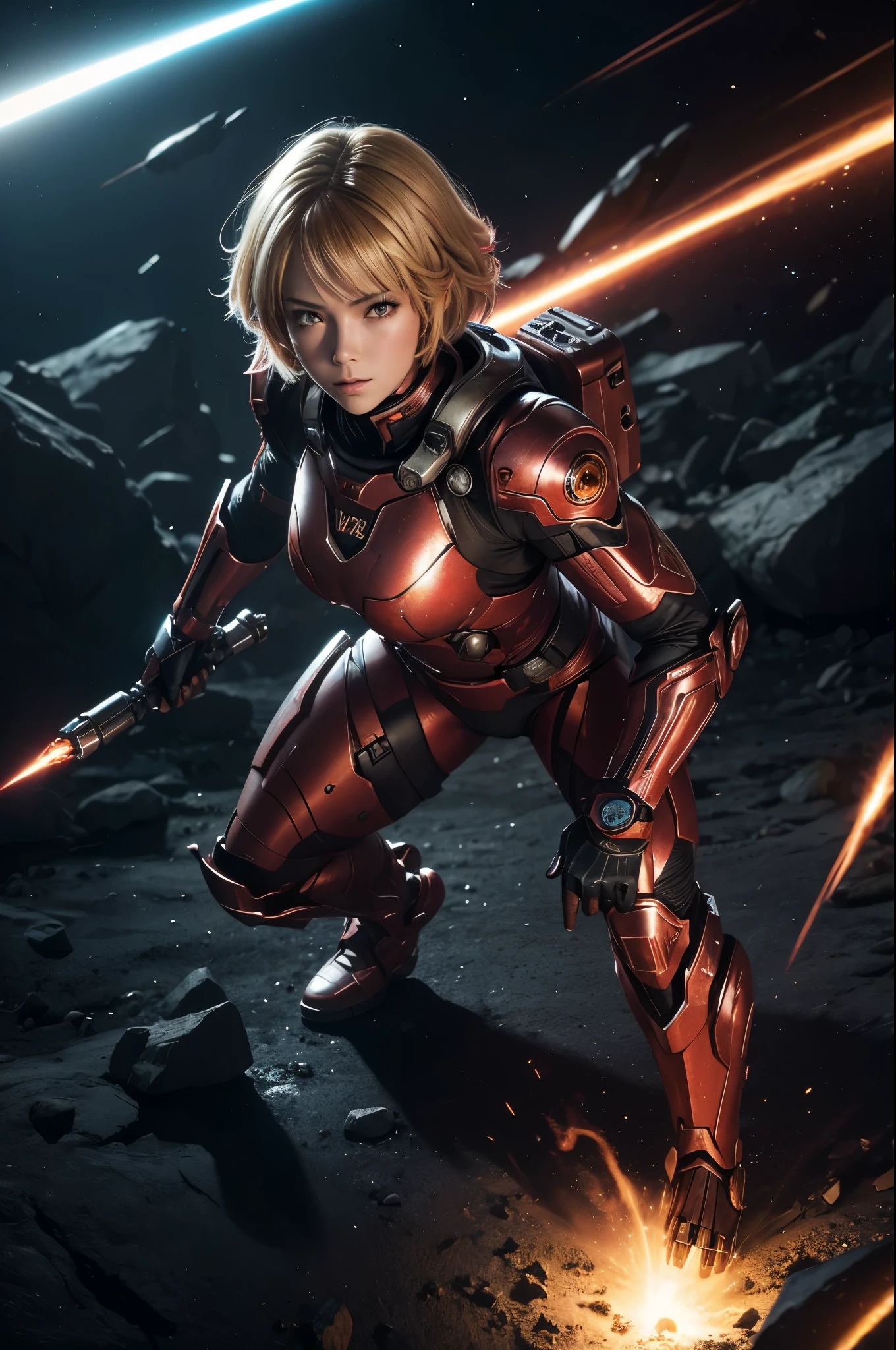 8K,3D,(special effects),Space Detective,red and black combat suit for women,2Two mono-eyes shine,fighting pose,wasteland,action scene,action pose,masterpiece,Photorealistic RAW photos of the highest quality。bright colors,rich colors, Backlight, cinematic lighting, film grain, 50mm lens, Nikon D850,beautiful expression,fantasy art,character art,ultra high resolution,Metal luster,countless LEDs(Mr.々Colorful glowing effect),metallic red and silver combat suit,Precise female external skeleton,身take a stand,look at the viewer,aggressive posture,sunny,blonde short bob hair,Super beautiful(like the real thing),take a stand,big breasts,perspective from above,(Space Detectiveギャバン),