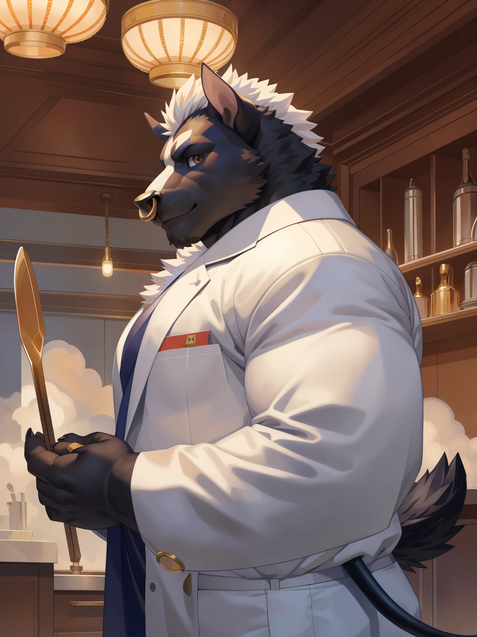 solo,anthro,furry,furry male, ((Bull)), ((fluffy fur,fluffy,furry body)), (Black fur, (Bull)), (black body), brown eyes, Nose Ring, tails, detailed fluffy fur, chef cooat, detailed face, detailed eyes, short hair, white mohawk, white decorative chef coat, uniform, gold trimmings, white pants, gold ring, coat, white shirt, gold buttons, coat on shoulders, full body, claws, fantasy grand hall, Kitchen, (by null-ghost,by raccoon21, masterpiece, high quality,hi-res,8k had), standing,close-view portrait, looking at viewer, indoor, (statues), lights, serious expression, dark shadows, banners, powerful pose, pans, carpet, flag,