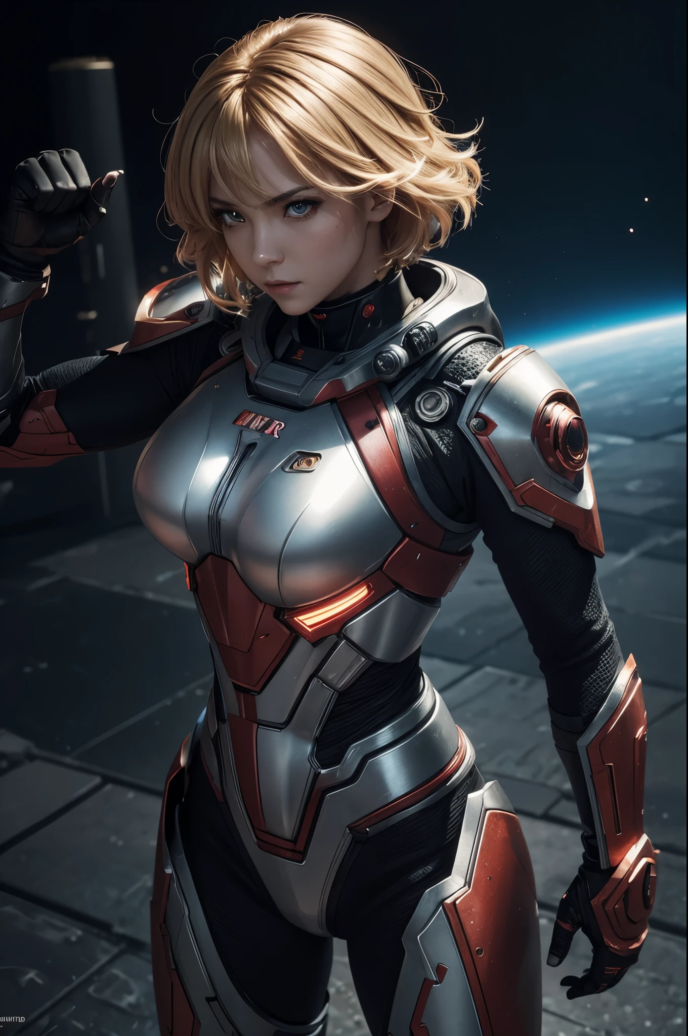 8K,3D,(special effects),Space Detective,red and black combat suit for women,２Two mono-eyes shine,fighting pose,wasteland,action scene,action pose,masterpiece,Photorealistic RAW photos of the highest quality。bright colors,rich colors, Backlight, cinematic lighting, film grain, 50mm lens, Nikon D850,beautiful expression,fantasy art,character art,ultra high resolution,Metal luster,countless LEDs(Mr.々Colorful glowing effect),metallic red and silver combat suit,Precise female external skeleton,身take a stand,look at the viewer,aggressive posture,sunny,blonde short bob hair,Super beautiful(like the real thing),take a stand,big breasts,perspective from above,(Space Detectiveギャバン),