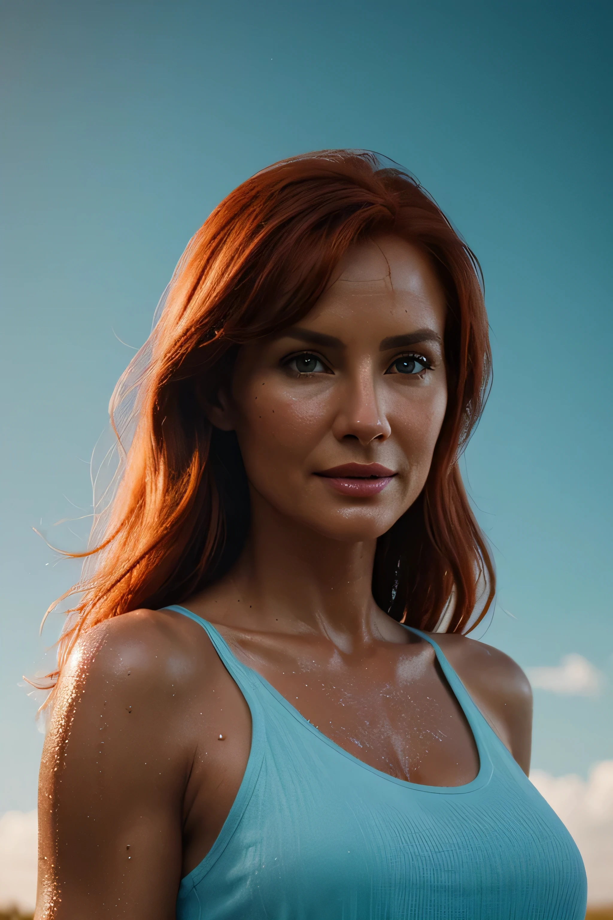 running beautiful redheaded dark-tanned 60-year-old Caucasian woman on a meadow, big dragon, photorealistic, photo, masterpiece, realistic, realism, photorealism, high contrast, trending photorealistic digital art on Artstation 8k HD realistic high definition detailed, very wet very transparent ice-blue deep-low-cut loose tank-top, (Wet: 1.1), excited:1.4), (panting:1.5), (Passion:1.3), (hot:1.2), (horny:1.3), (sexy:1.4), (Ex detailed, skin texture, hyper detailed, realistic skin texture, armor, best quality, ultra high resolution, (photorealistic: 1.4),, high resolution, detailed, raw photo, sharp re, by Lee Jeffries Nikon D850 film Stock Photography 4 Kodak Portra 400 camera F1.6 lens rich colors texture hyper realistic dramatic lighting Unrealengine trend in ArtStation Cinestill 800,
