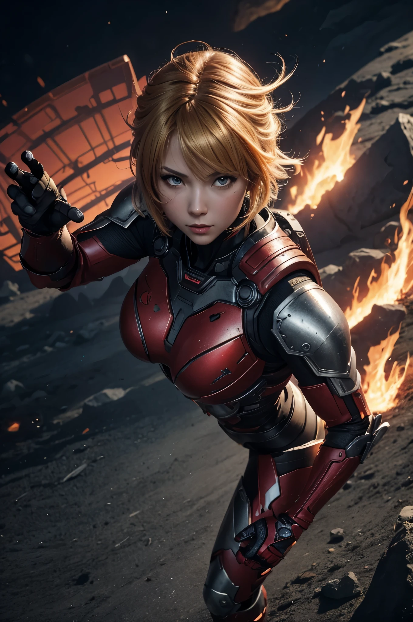 8K,3D,(special effects),Space Detective,red and black combat suit for women,２Two mono-eyes shine,fighting pose,wasteland,action scene,action pose,masterpiece,Photorealistic RAW photos of the highest quality。bright colors,rich colors, Backlight, cinematic lighting, film grain, 50mm lens, Nikon D850,beautiful expression,fantasy art,character art,ultra high resolution,Metal luster,countless LEDs(Mr.々Colorful glowing effect),metallic red and silver combat suit,Precise female external skeleton,身take a stand,look at the viewer,aggressive posture,sunny,blonde short bob hair,Super beautiful(like the real thing),take a stand,big breasts,perspective from above,