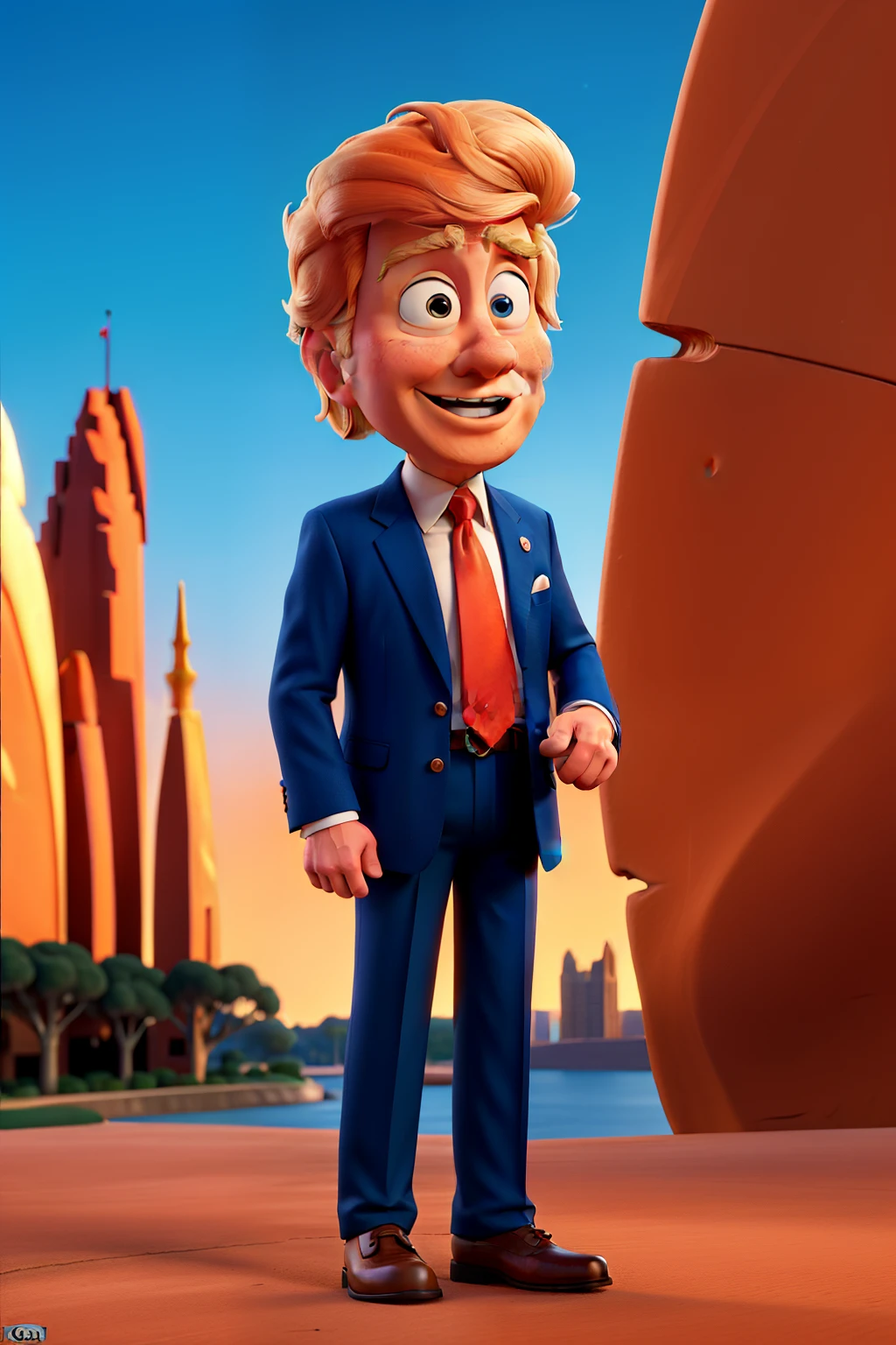 Donald Trump style Disney animation, high definition, best quality:
An iconic figure with distinctive orange hue, wearing a suit and red tie, hair impeccably coifed, standing confidently against a city backdrop.