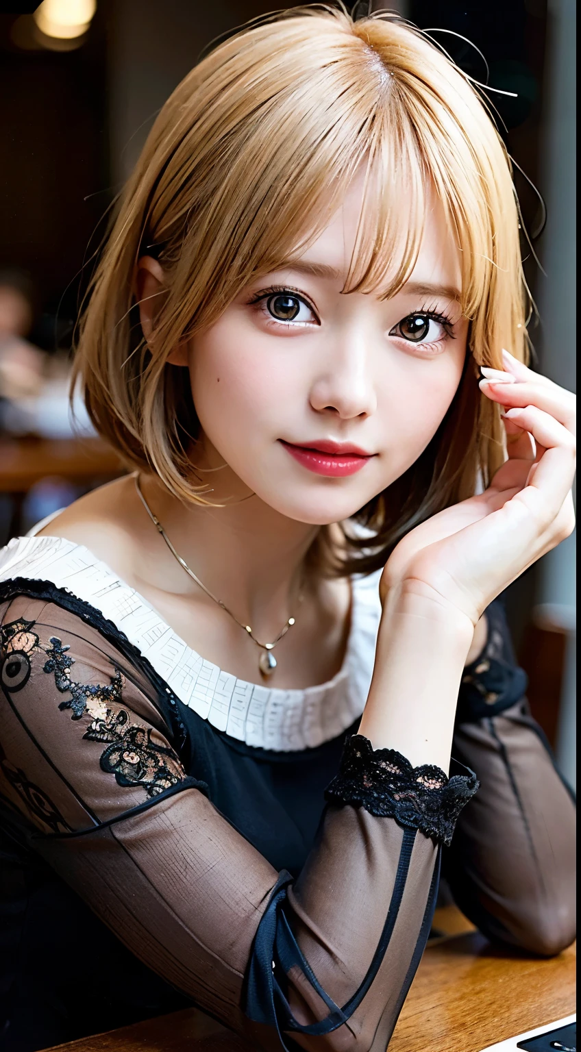 (8k, original photo:1.2),Detailed face and eyes,best quality, ultra high resolution, Very detailed ,intricate details ,on the table ,cute girl , soft light, Ultra-detailed,sharp focus, high quality,(bob cuts),(one blonde),national foundation, It's out, White