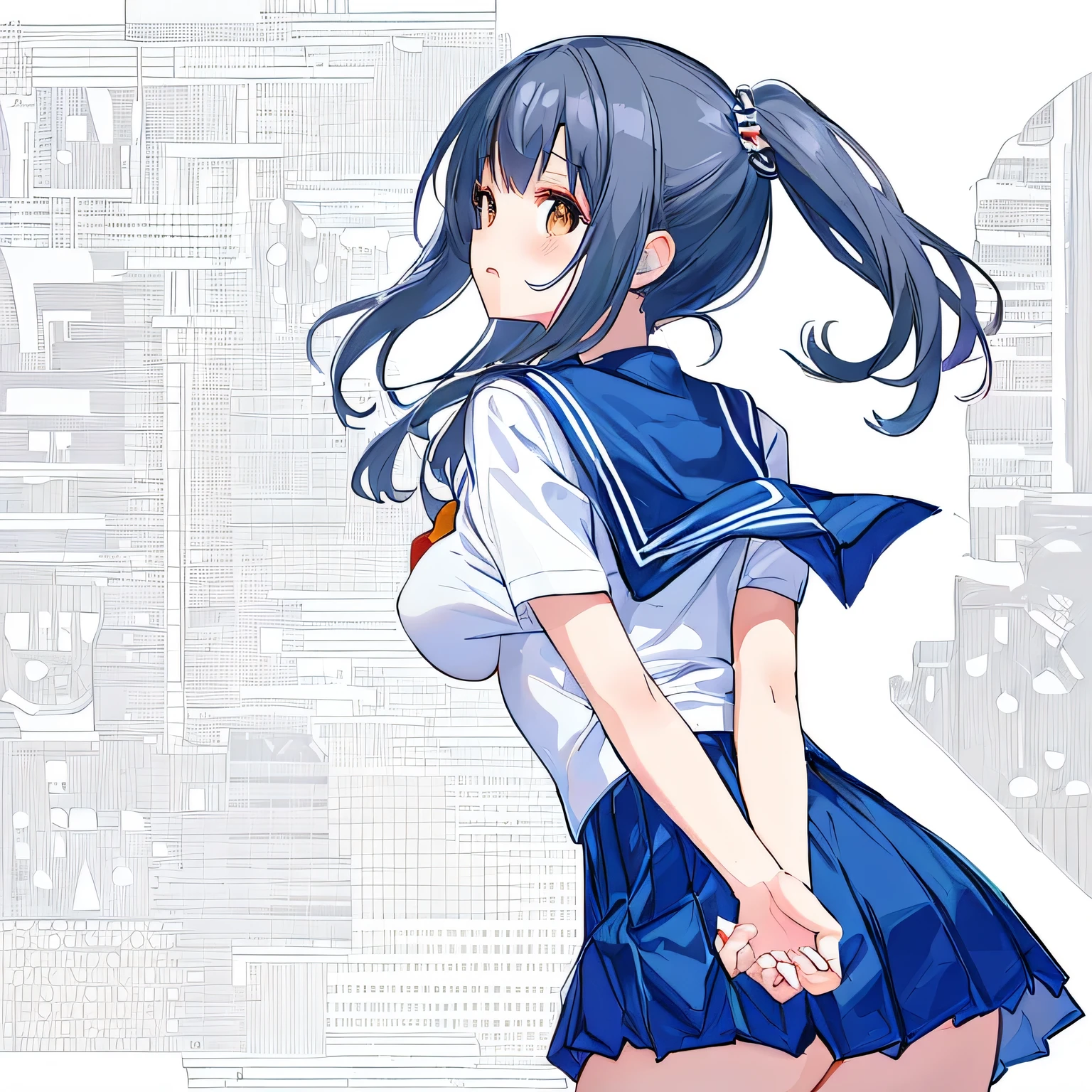 white background,masterpiece, highest quality,figure,sailor suit,slanted eyes,straight hair,silver hair,side part,super dense skin,beautiful and fine eyes,short sleeve shirt,brown eyes,(big breasts:1.1), (A raised and well-defined bust:1.1), (lifted chest:1.2), (perky chest :1.1),high school girl,please sit down,high socks