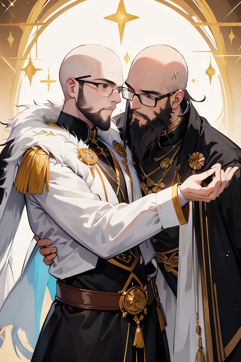 bald white guy with long beard kissing bald black man with short beard and glasses. Fantasy outfits, magic spells, runes, glowing sparkles, glitter, shimmer, masterpiece