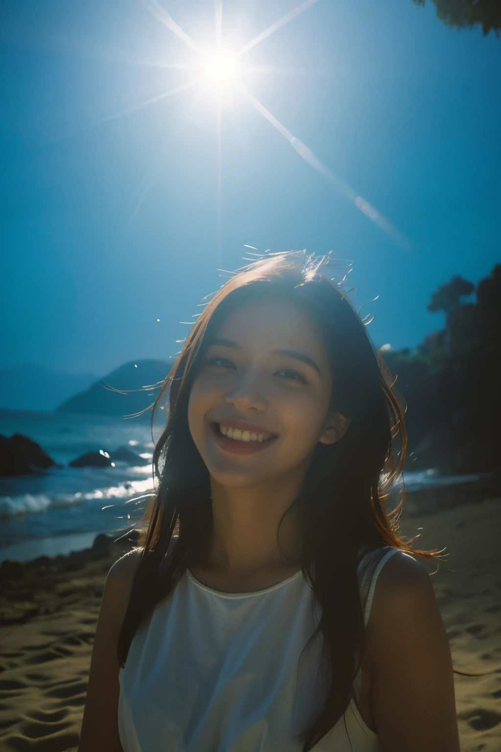 melhor qualidade,obra de arte,ultra high resolution,(Realisticidade:1.4),Foto original,cinematic lighting,
1 garota,sorriso,backlight,oceano,