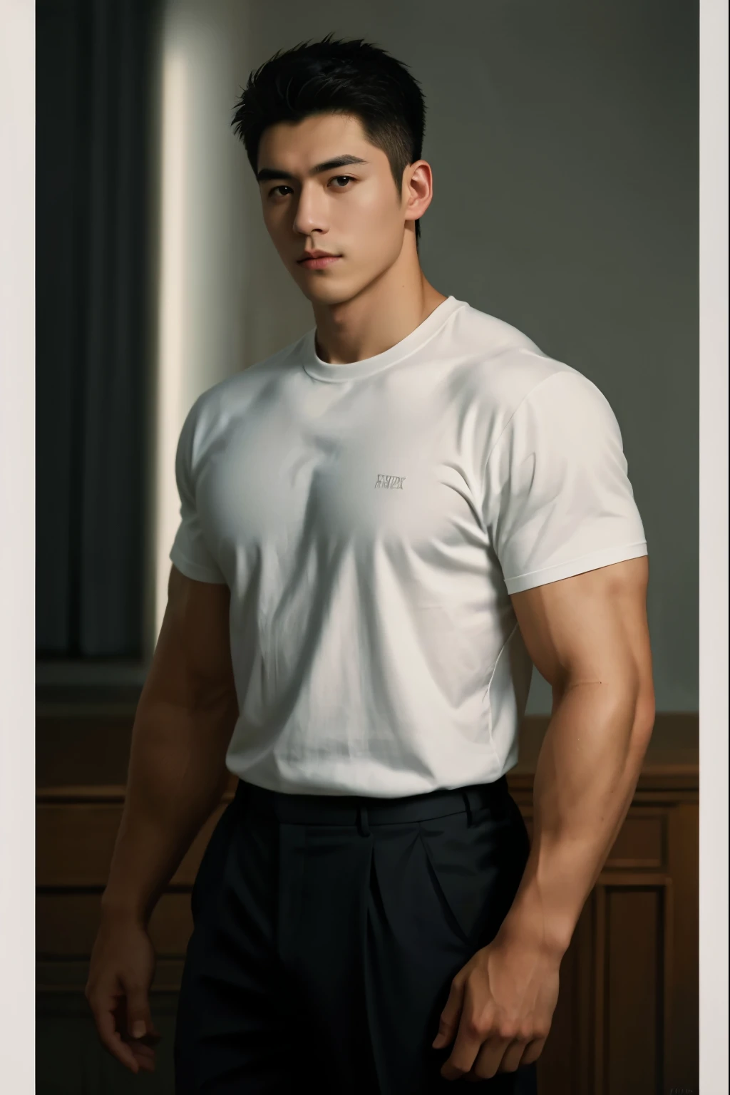 1man, a 25-year-old muscular man, wear the attire of the attorney general , soft lighting, masterpiece, best quality, 8k ultra HD, DSLR camera, film grain, Midjourney and greg rutkowski's Fujifilm XT3 realistic painting art