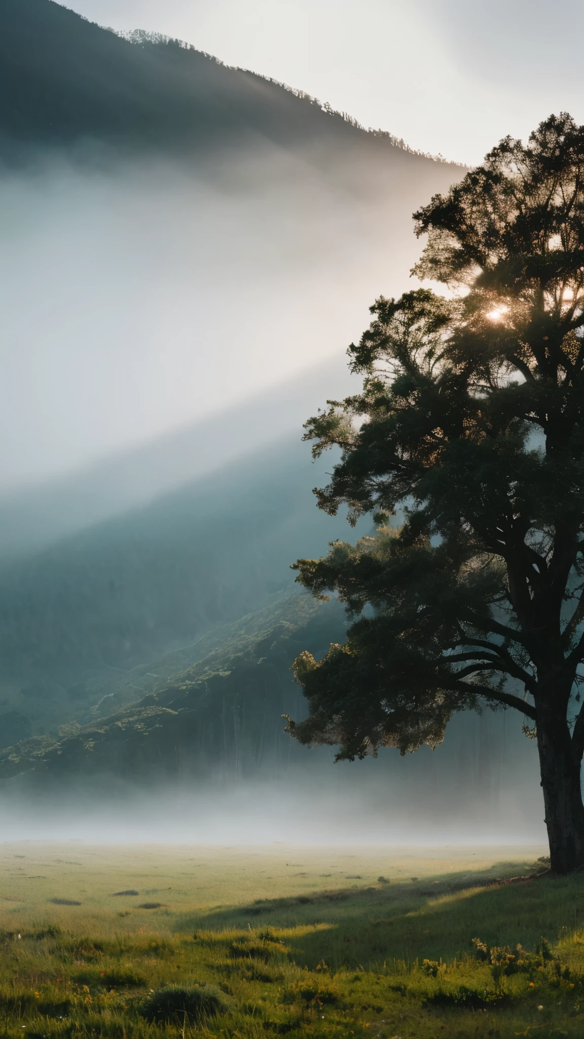 Create a desolate landscape of valley and mountains, shrouded in thick fog, with few rays of sun, with twisted trees and thick trunks, and undergrowth reminiscent of grass and grass, in an ultra-realistic landscape, with dead colors, 4k, cinematic lighting, natural lighting, film grain, cinematic lighting, high detail, photoreal, photorealistic, volumetric lighting and shading