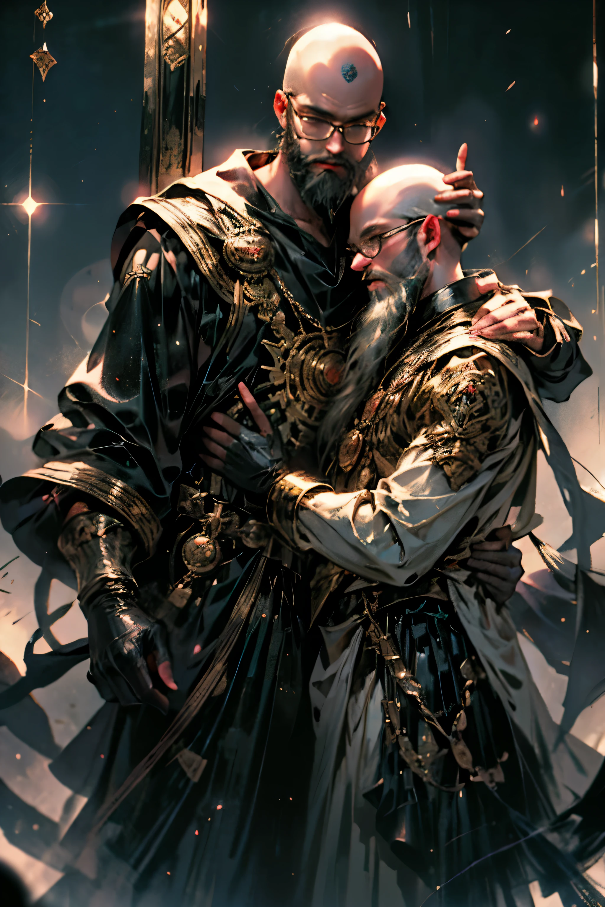 bald guy with long beard kissing a bald black man with short beard and glasses. Fantasy outfits, magic spells, runes, glowing sparkles, glitter, shimmer, masterpiece