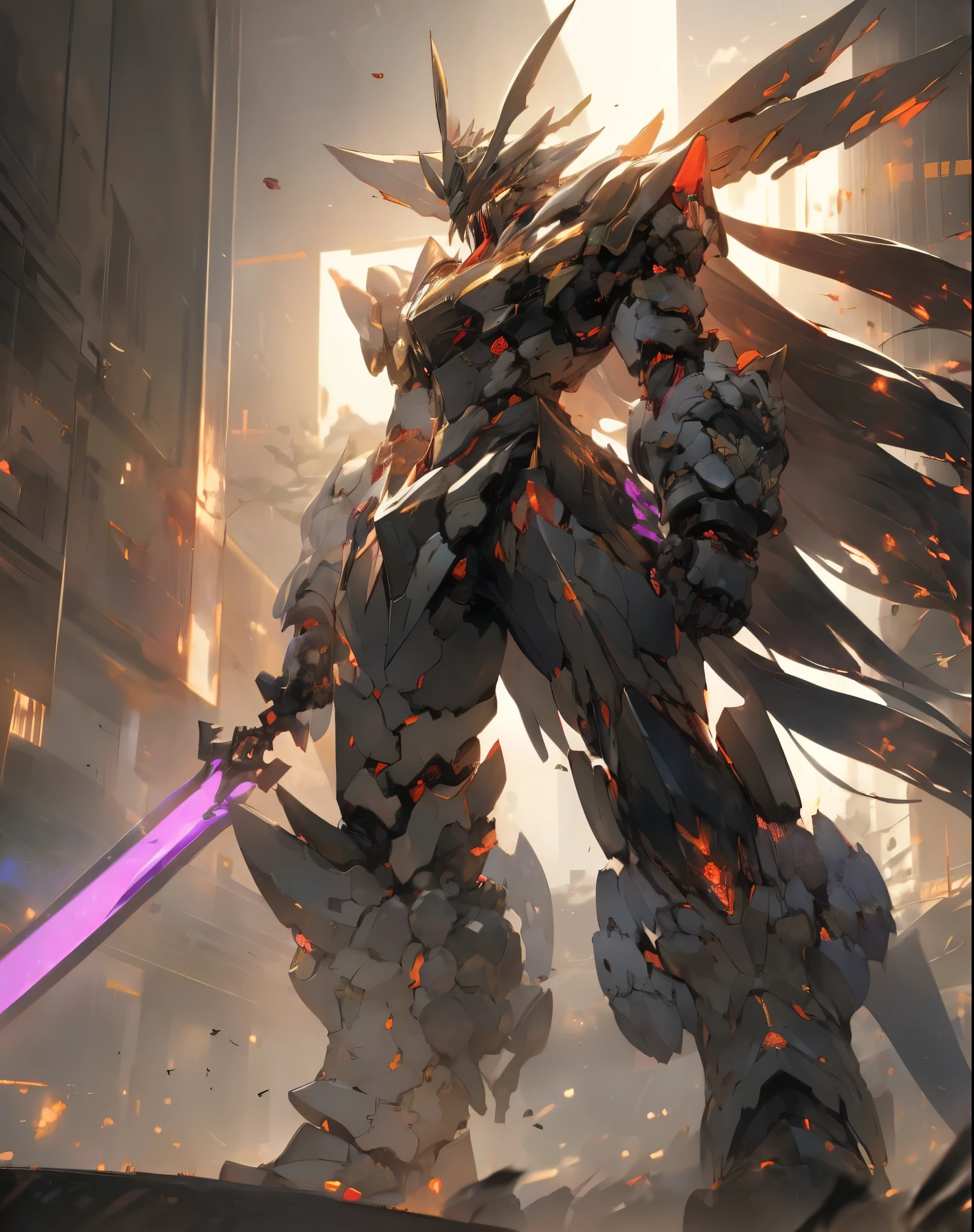 super wide shot, Full body photo of him giving a badass pose, (Masterpiece) , The best quality, High quality, (futurism:1.1), (Mech with a sword, Hellish, Silver and purple, 电影灯光, (Exquisite future),Dark and beautiful, Ultra detailed, great composition, Floating, Depth of field, (Very detailed CG,Unity 8k壁纸), (Beautiful detail background), dramatic lights, GOGETTA, Mecha Badass Hero screaming,best quality,超高分辨率,Photorealistic, (solo), (1man)
