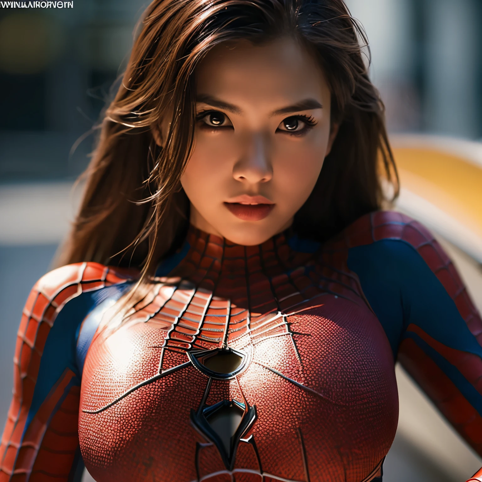 Photorealistic image A sexy Spiderman girls,large breast,extreme detailed,sharp focus, depth of field, 8k photo, HDR, professional lighting,