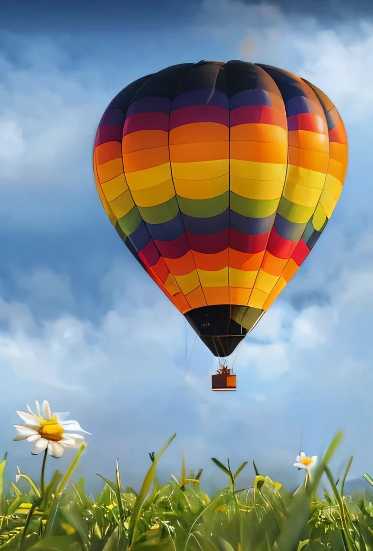 a close up of a hot air ballon flying over a field of grass, detalhe HD, hiperdetalhe, cinemactic, surrealismo, luz suave, foco de campo profundo bokeh, ray tracing