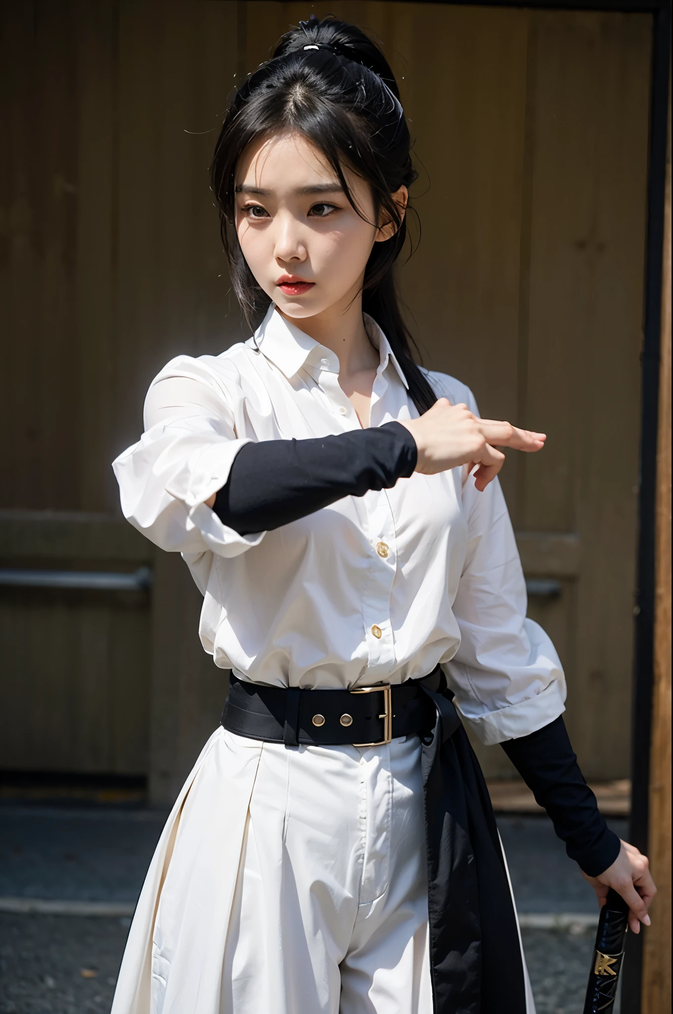 there is a woman in a suit holding a sword and a belt, professional cosplay, she is holding a katana sword, anime cosplay, unsheathing her katana, katana, full-cosplay, dramatic wielding katana pose, anime girl cosplay, katanas strapped to her back, holding katana, iu lee ji-eun as a super villain, black suit, white shirt, black tie
