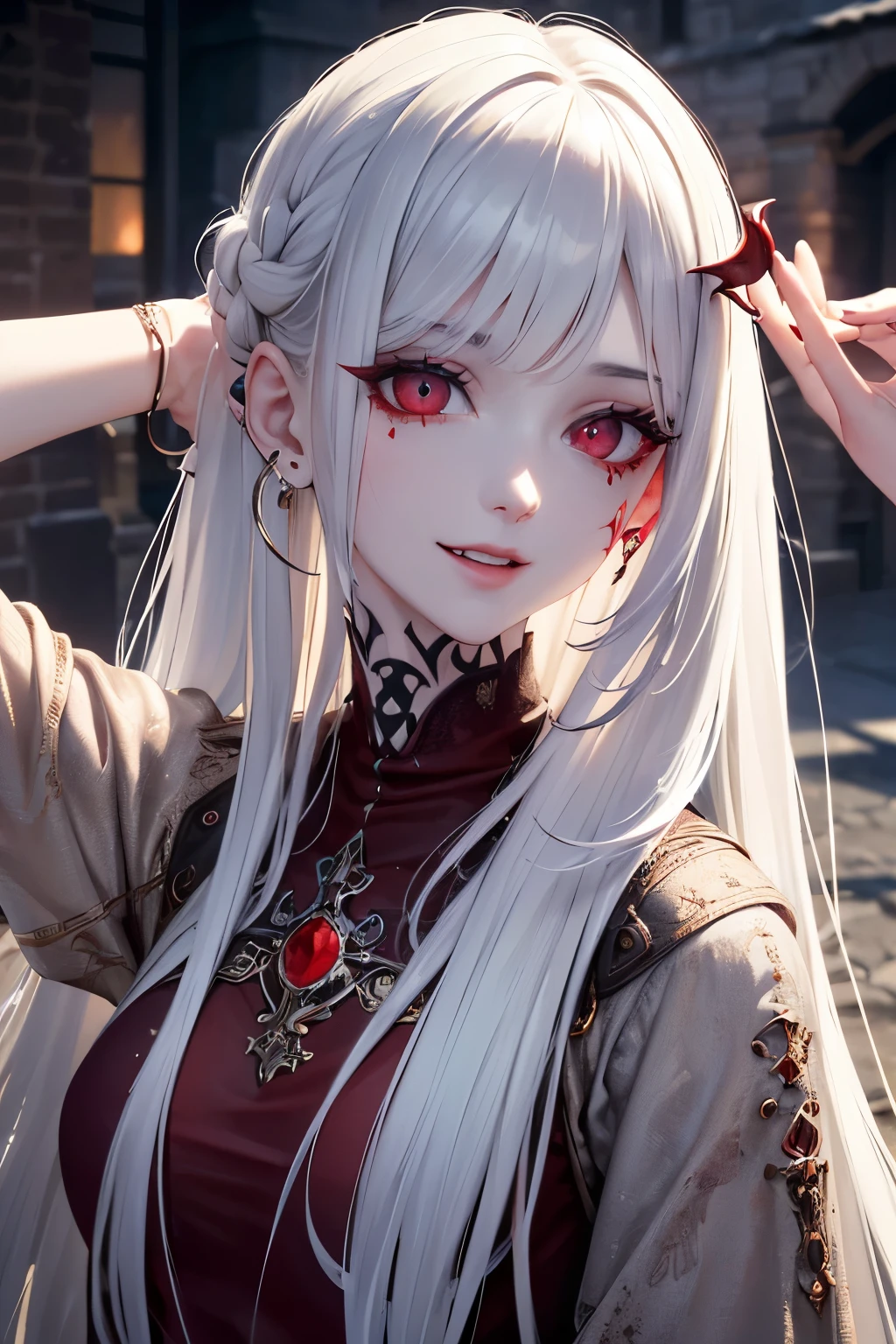 (Uhd, Masterpiece, Textured Skin, Super Detail, High Details, High Quality, Best Quality), 1Girl, Pale skin, deep red eyes, ((tattered clothes, frayed clothes)), (white clothes), long white hair, pale hair, (Vampire Queen), (Look Waving to people, in a medieval street) 

[Face Prompt:(masterpiece:1.2), best quality, (Extremely detailed eyes:1.4), (highly detailed eyes:1.6), highly detailed eyes, (Calm look, Talking to you look:1.5), (Red eyes), (Face tattoo)]
[Mouth Prompt: (Smiling mouth), cute fangs, open mouth]
[Camera Prompt: View from above, (all body view)]