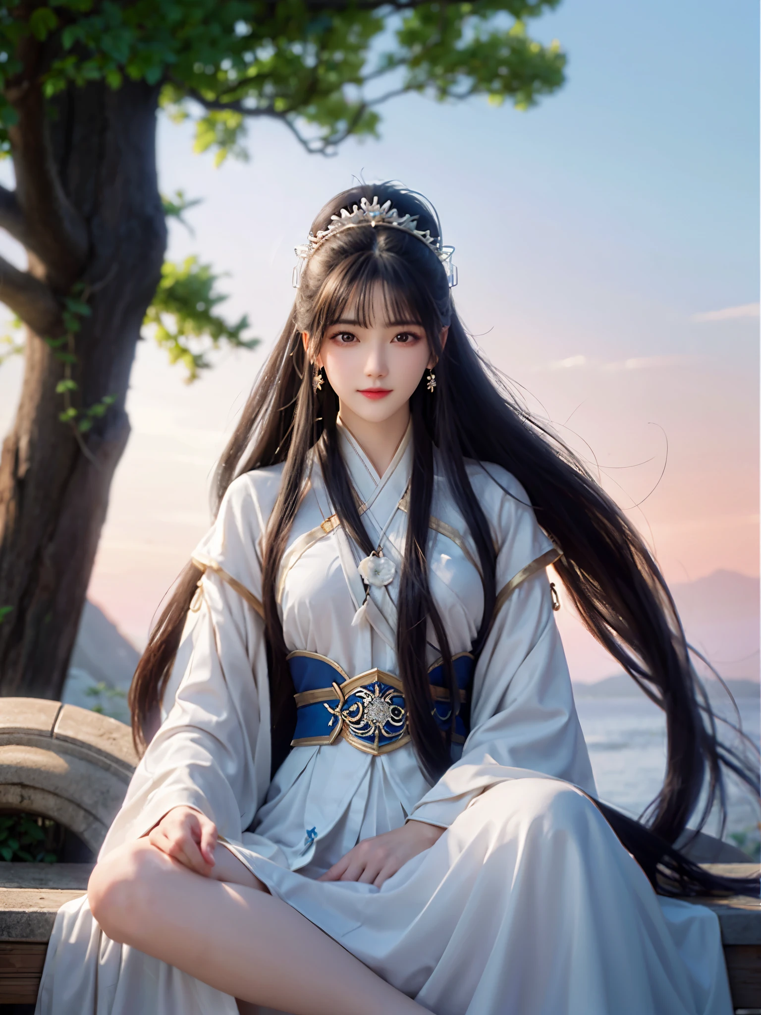 Alafid woman in white dress sitting on bench, beautiful fantasy queen, ((beautiful fantasy queen)), ancient chinese princess, Queen of the Sea Mu Yanling, white hanfu, xianxia fantasy, chinese princess, full body xianxia, ancient chinese beauties, xianxia, palace ， A girl wearing Hanfu, Inspired by Zhang Yin