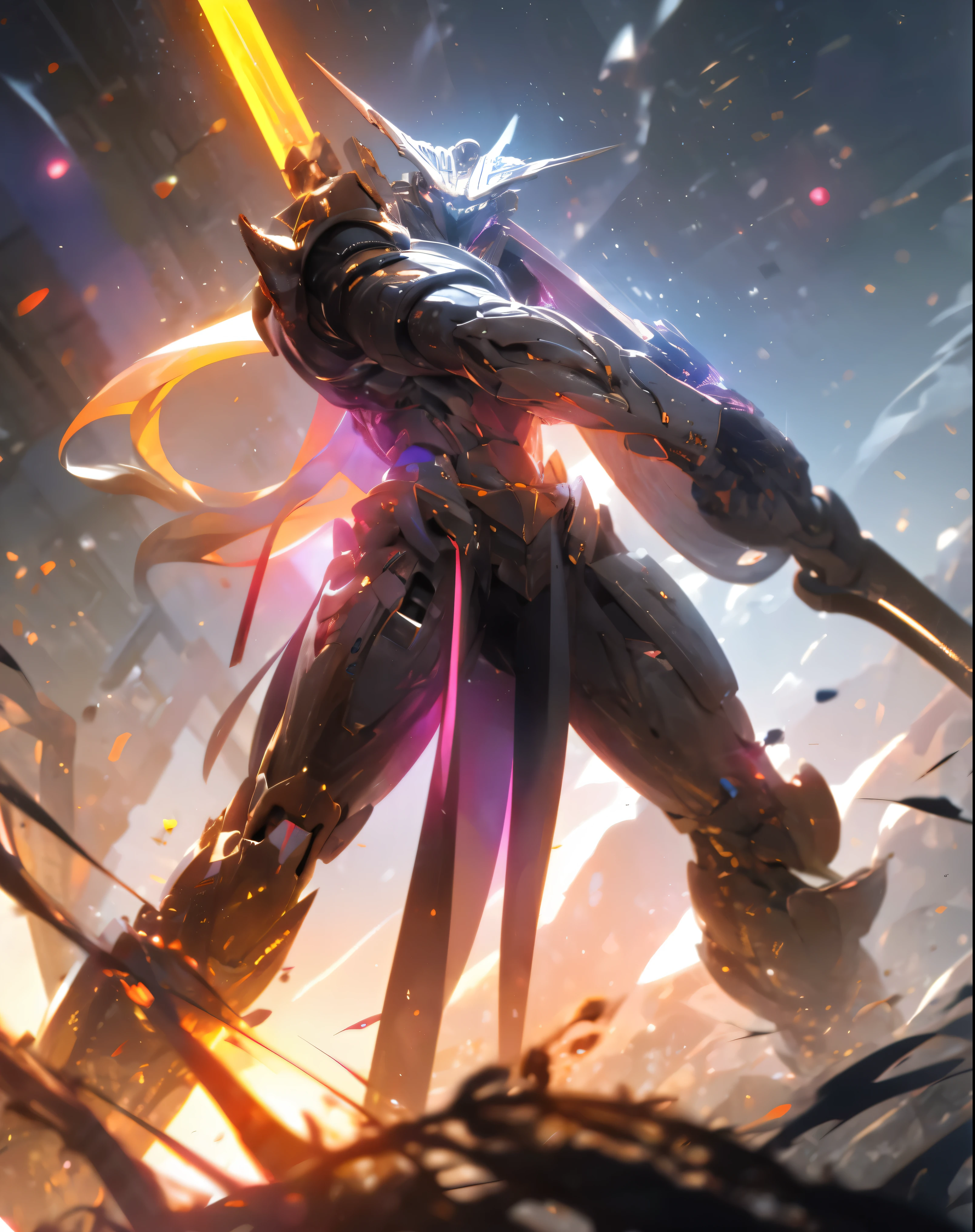 super wide shot, Full body photo of him giving a badass pose, (Masterpiece) , The best quality, High quality, (futurism:1.1), (Mech with a sword, Hellish, Silver and purple, 电影灯光, (Exquisite future),Dark and beautiful, Ultra detailed, great composition, Floating, Depth of field, (Very detailed CG,Unity 8k壁纸), (Beautiful detail background), dramatic lights, GOGETTA, Mecha Badass Hero screaming,best quality,超高分辨率,Photorealistic, (solo), (1man)